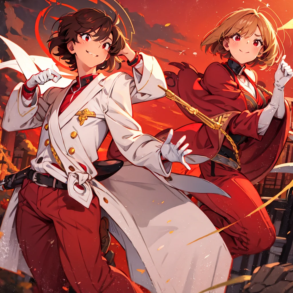 man, boy,  confident smile ,  hand with gloves , Magic circle on hand ,  hair blowing in the wind,  short hair,  brown hair with a robe,  Red Clothes ,  red eyes
