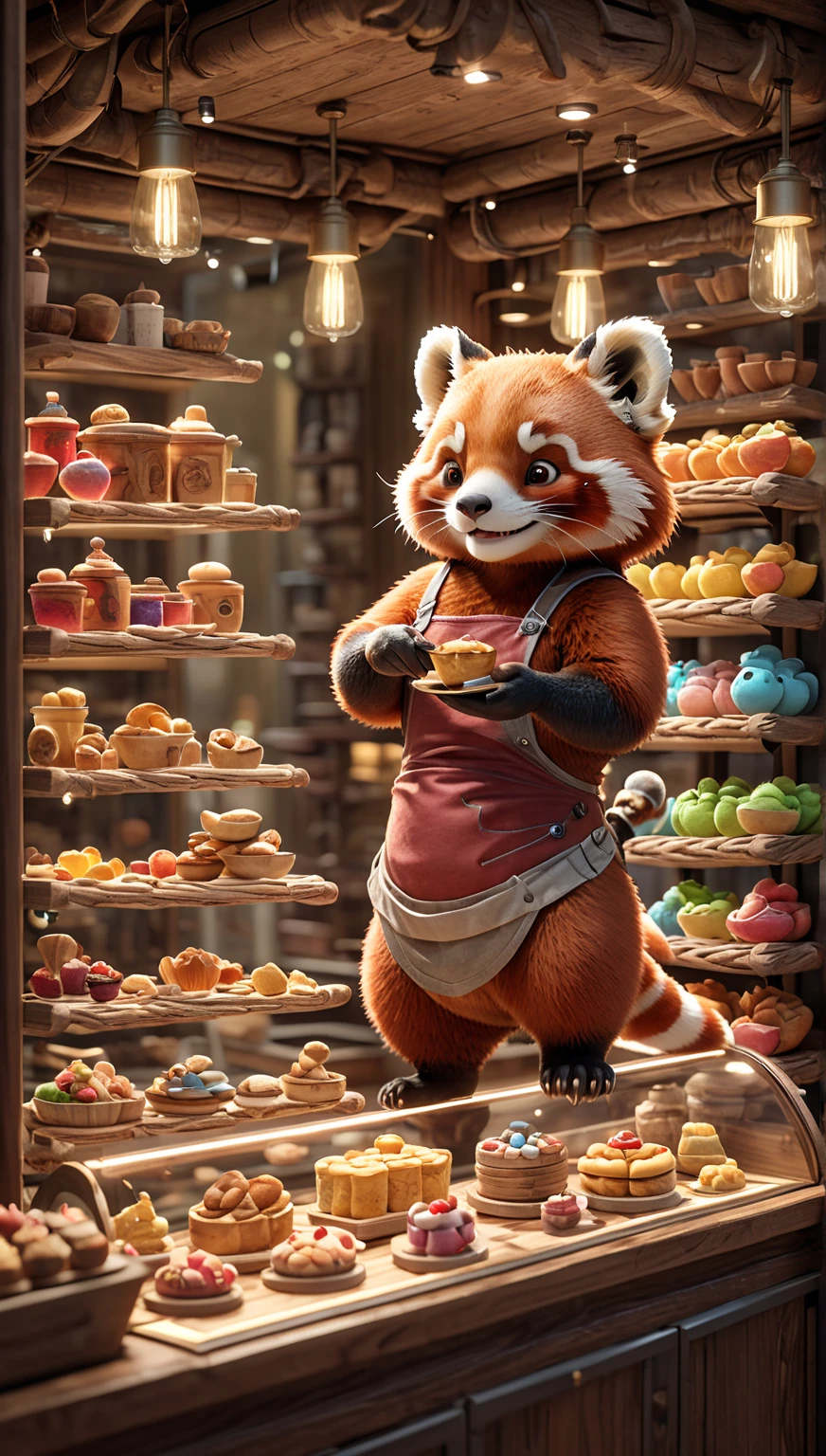 High resolution, masterpiece, Highest quality, Super detailed, Super detailed, Ultra-realistic, Pixar Rendering, unreal engine Cinematic smooth, Exquisite detail, Cinematic,A charming red panda chef wearing a toque and apron, joyfully plating delicate pastries in a whimsical forest bakery. The bakery is filled with warm lighting, intricate wooden shelves lined with jars of honey and spices, and a display case with colorful treats.