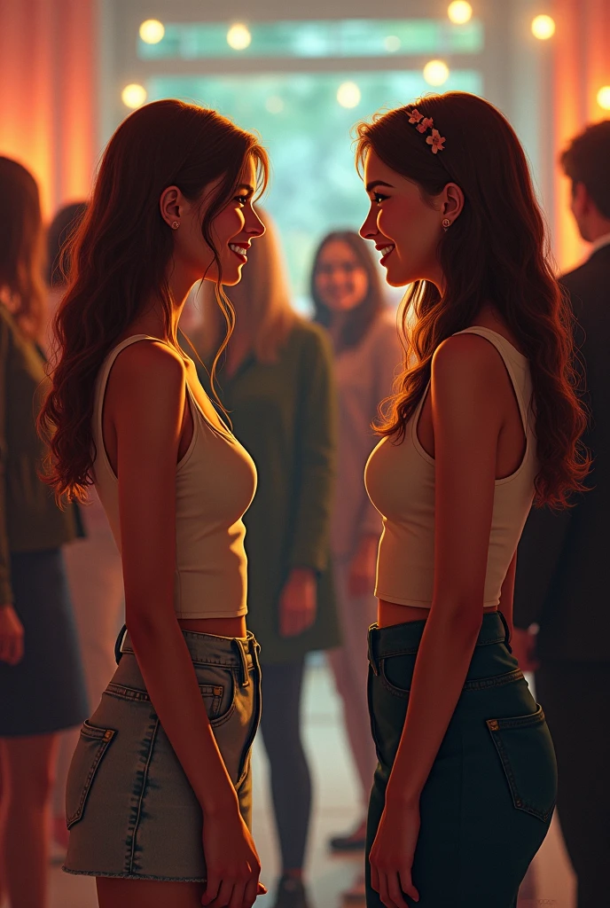 (Anime line art) a shy American white teenage girl with freckles and a figure and short red hair being crowded and kissed on the mouth and neck by two young adult Asian girls (one black haired and one brunette) wearing torn crop tops and ripped jeans and wearing lipstick while they both kiss the American girl in an empty school corridor as the sun sets (three girls in this scene) (French kiss, Kiss on the mouth, Tongue kiss, Intimate, Browsing Caution, saliva)