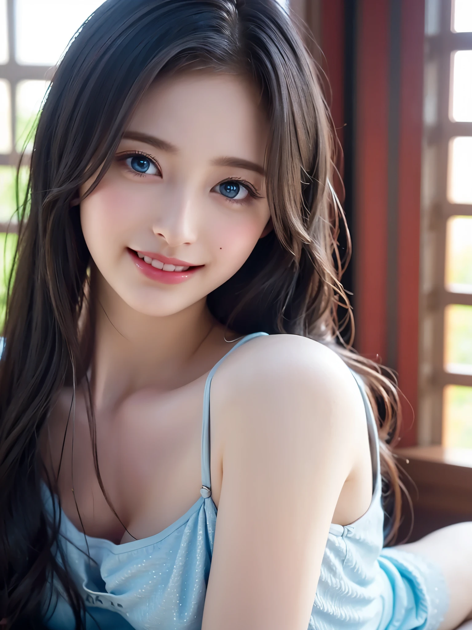  portrait、Realistic、Elegant mature women、 blue eyes、 shiny hair、smile、 camisole 、bedroom、Beautiful breasts, 4K resolution、 High Quality CG、Beautiful CG、Soft light