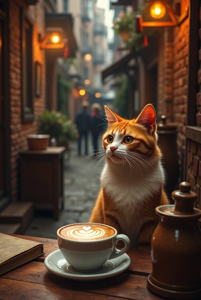 hideaway coffee shop in a back alley, delicious looking coffee, antique, a cat is sitting, Realistic