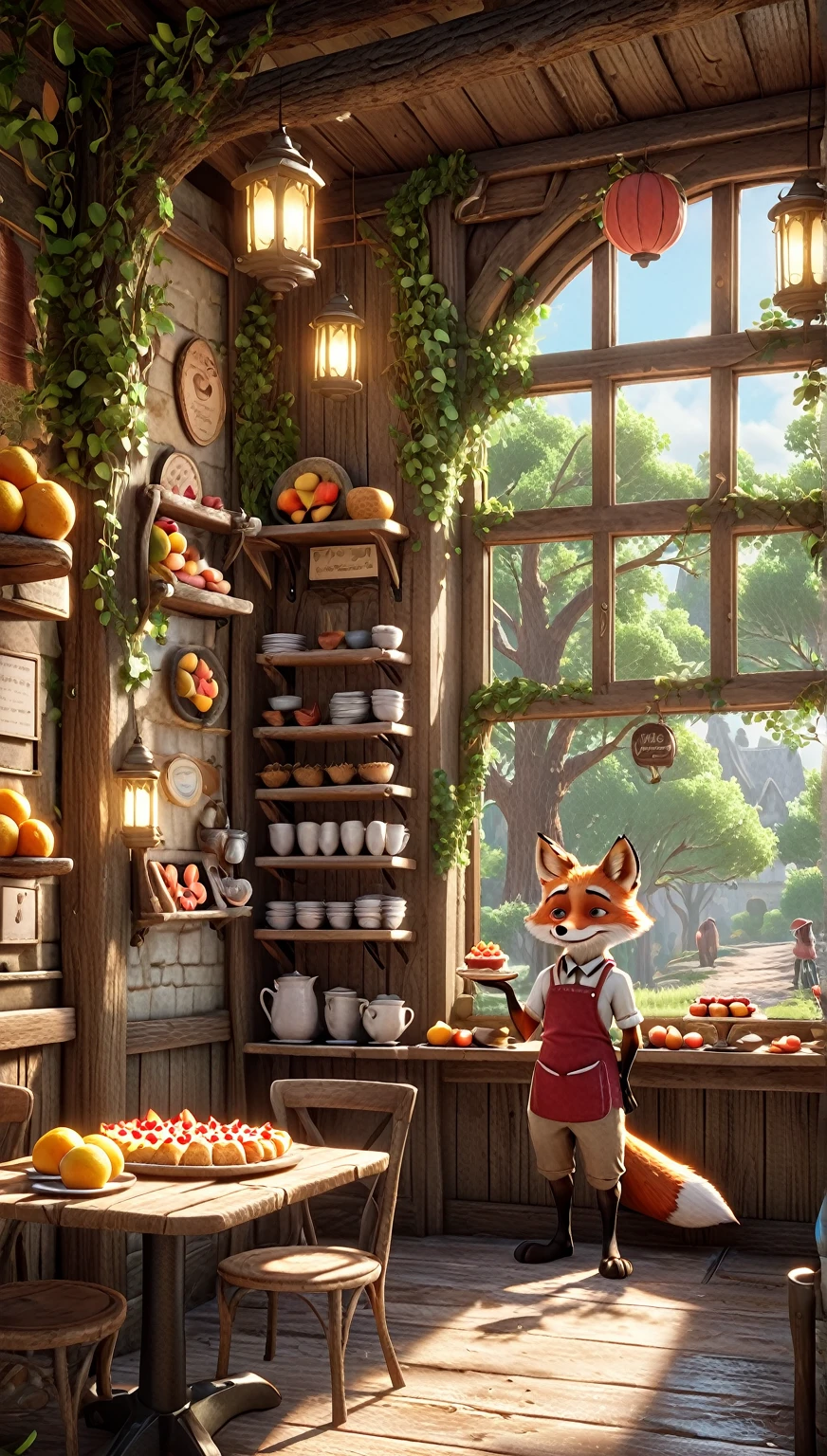 High resolution, masterpiece, Highest quality, Super detailed, Super detailed, Ultra-realistic, Pixar Rendering, unreal engine Cinematic smooth, Exquisite detail, Cinematic,A cheerful little fox waiter in a small apron, happily serving fruit tarts to woodland guests in a cozy café. The café has a charming rustic look with wooden walls, lanterns hanging from tree branches, and a serene, magical atmosphere.