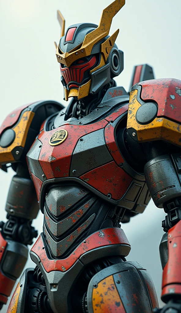 Close-up of a ((extremely handsome male warior)) , half human, half beast. Their eyes are filled with hapiness and longing. The background is a trail of blood and violence. He wears a mechanized robot armor, carved with animal elements, human skulls. The sky is filled with swirling, fiery clouds. The photo conveys a strong sense of the warrior's appearance, ((smiling))