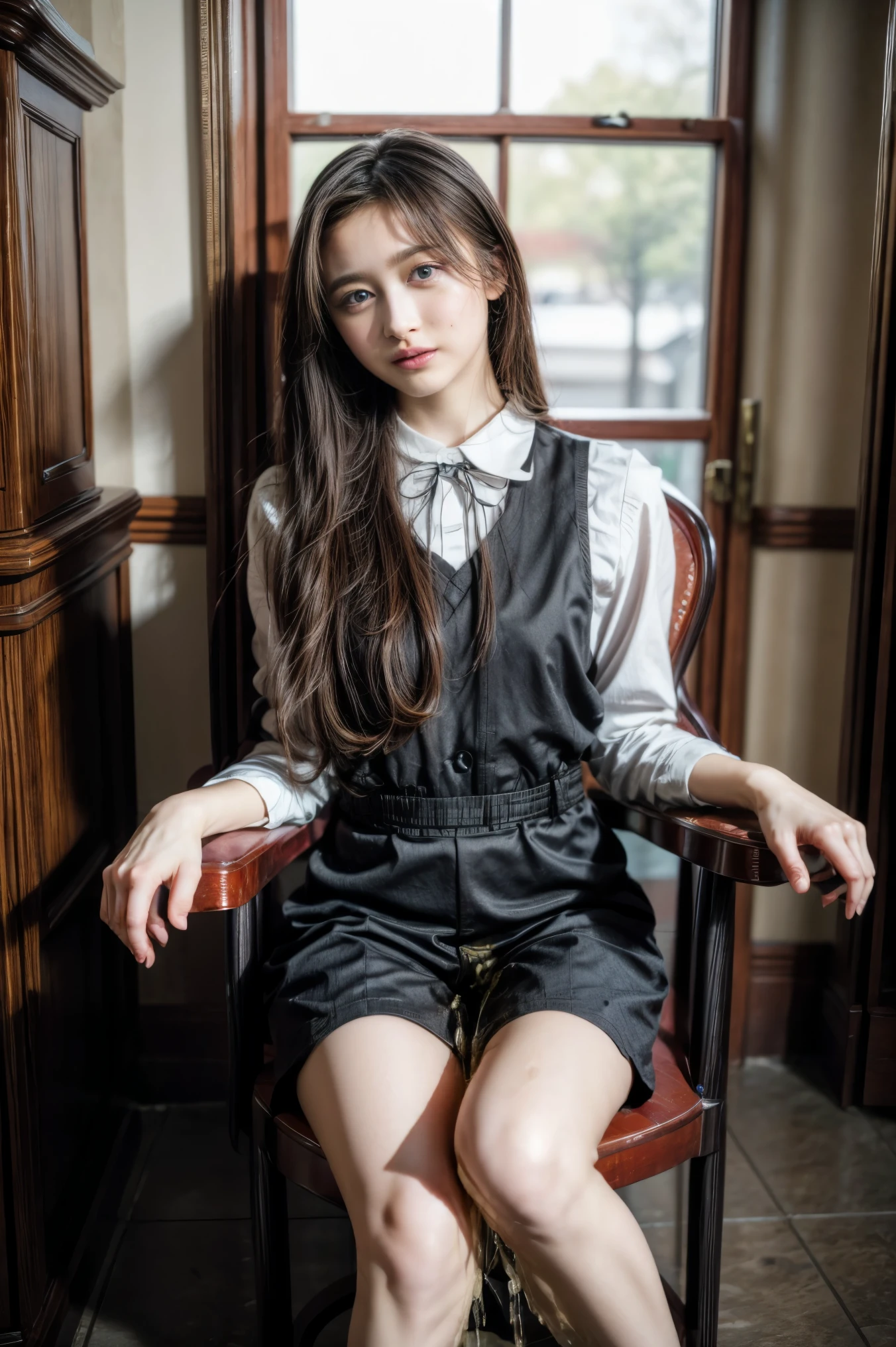 high resolution photograph of a beautiful female idol, (masterpiece,best quality),(realistic, photo-realistic),RAW Photo, 8k, solo, 1girl, full body, detailed face, detailed eyes, thin nose, (dark hair, long straight hair:1.2), (waitress uniform:1.3), (peeing self while sitting on the chair with spread legs apart, urination:1.6), (desperate pose, pee running down her legs, pee stain, pee puddle), covering crotch, looking at viewer, photo background, indoors, Starbucks cafe, coffee shop,