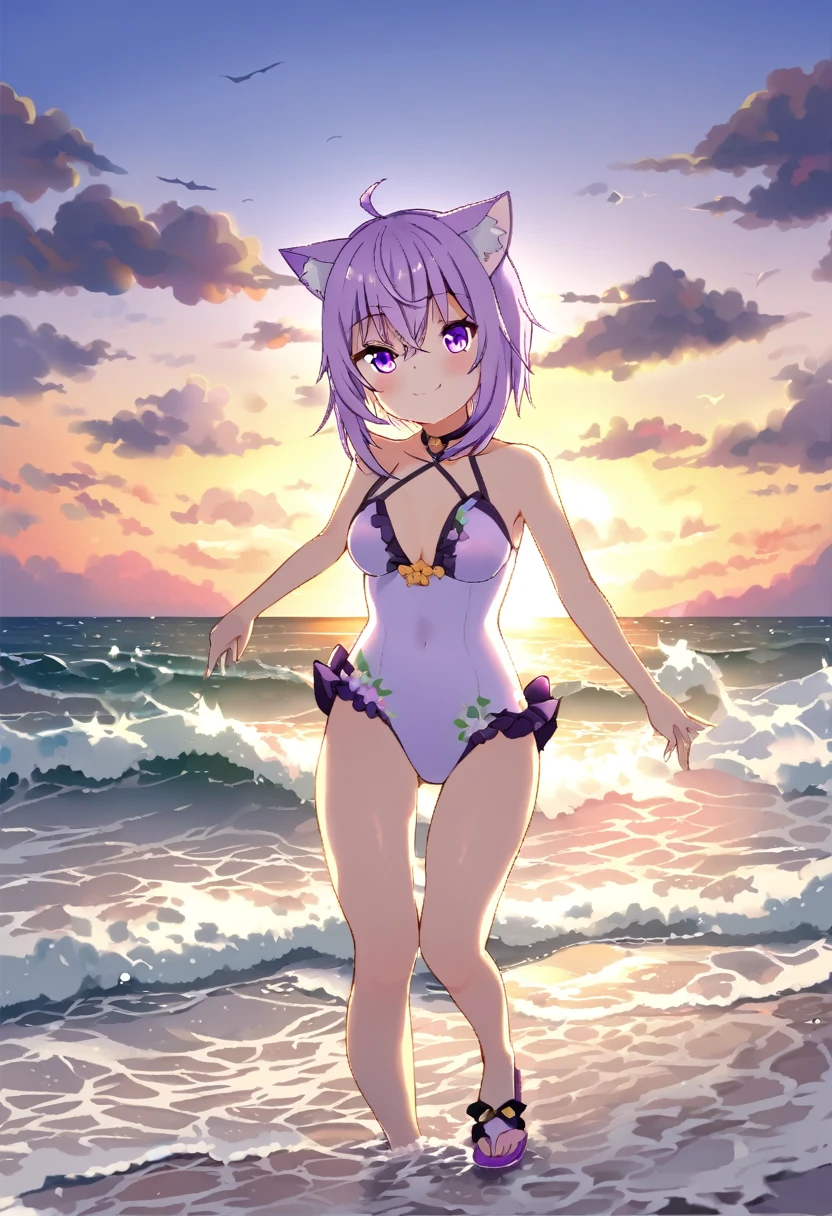 1 girl、ho****ve、Nekomata okayu、 animal ears 、solo、Purple Eyes、Purple Hair、Cat ears、ahoge、 animal ears の綿毛、chest、Hair between the eyes、Cat Girl、evening、beach、sunset、 bikini swimsuit、 leotard (Floral)、 flip flops through the waves、左手で flip flops through the wavesを持っている、wind、右手でwindになびく髪を抑える、Smiling Kindly、null、夕焼けのnull、Water&#39;s Edge、 standing