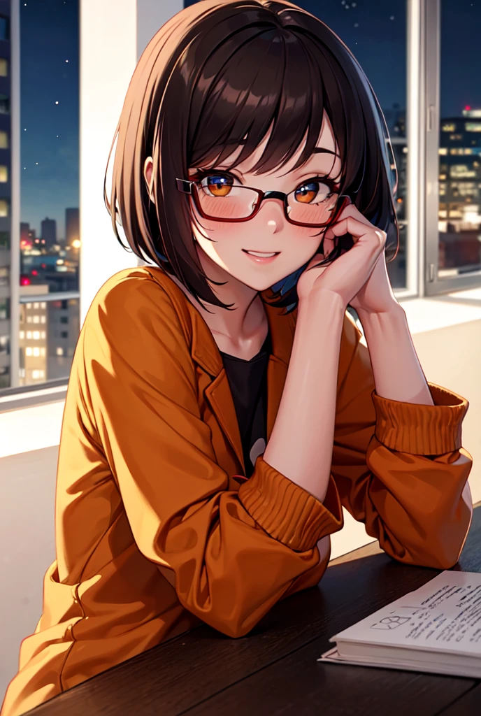 Score_9, score 8_up, score 7_up, high quality, semi realistic, uhd, 1girl, beautiful, short brown hair, straight hair, bob cut hair, without bangs, hazel eyes, eye highlights, fair skin, faint cheek blush, eyelashes, red eyeshadow, smiling, sparkling, side view, looking at the side, upper body, pretty, female version of Vector, orange jacket, orange pants, white shoes, black glasses, red nail polish, night setting, apartment background, sitting across the table, anime scene, windy scene