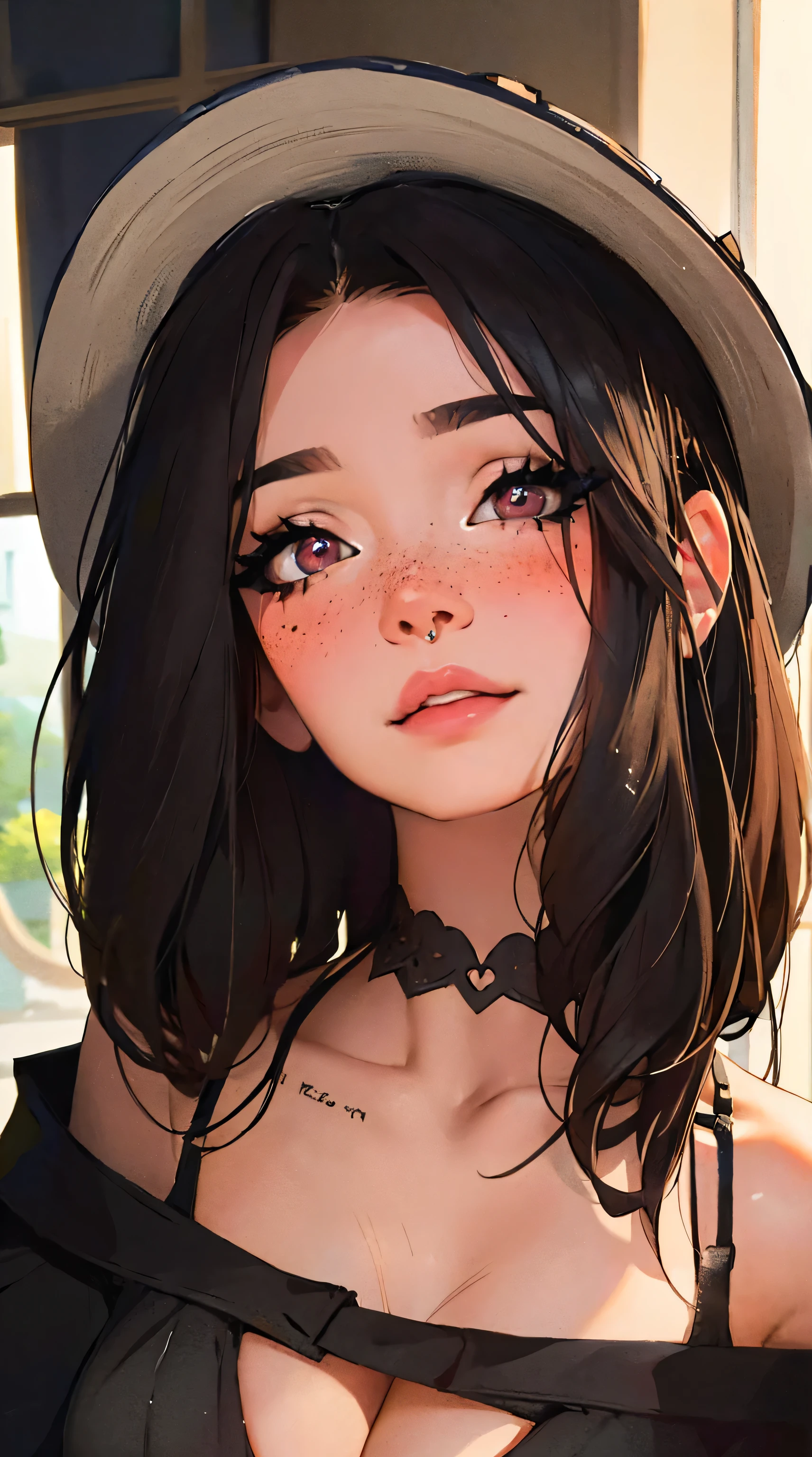 1 girl, Natural photography of a beautiful girl, wearing a loose crop top, leaning over, dark shoulder length  flowing hair, big bust, locks eyes into the camera, symmetrical eyes, symmetrical face,  (masterpiece) (best quality) (detailed) (8k) photorealistic, photography, path tracing, specular lighting, volumetric face light, path traced hair, visible shadows, intricate, elaborate, cleavage, wet skin, flirty, freckles, blush, dark eyeliner, (gothic cowboy, wide brimmed hat)