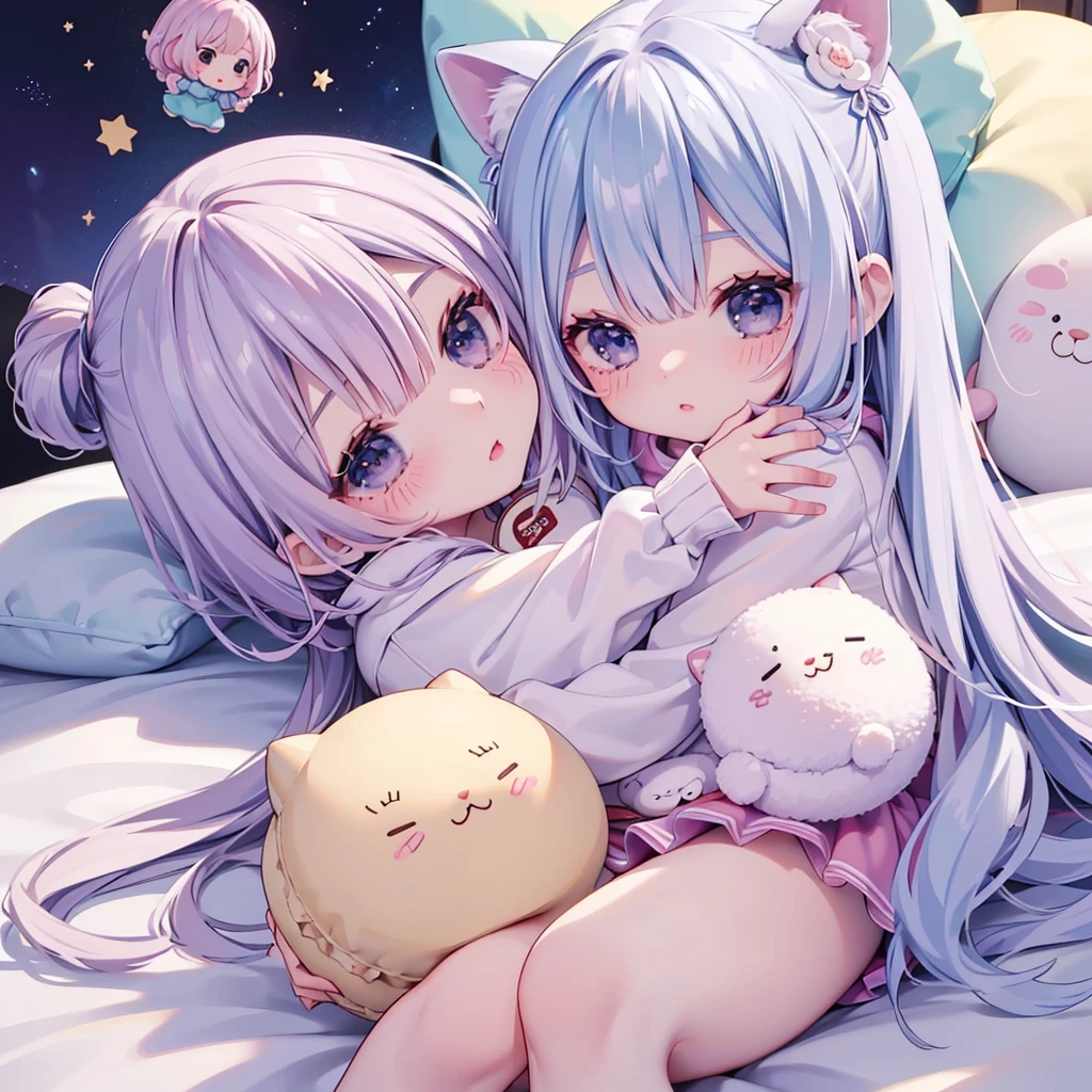 Chibi、Cute 1girl,Handsome face、Baby Face、((( Best Composition 、 best quality、 Supreme Masterpiece、Super detailed、 high definition)))、 Pastel Color 、A Kind World、Soft and fluffy、cute kigurumi、Nap、Macaron shaped comforter、