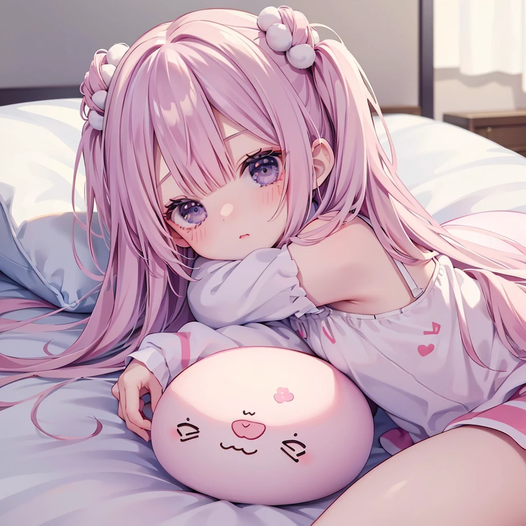 Chibi、Cute 1girl,Handsome face、Baby Face、((( Best Composition 、 best quality、 Supreme Masterpiece、Super detailed、 high definition)))、 Pastel Color 、A Kind World、Soft and fluffy、cute kigurumi、Nap、Macaron shaped comforter、