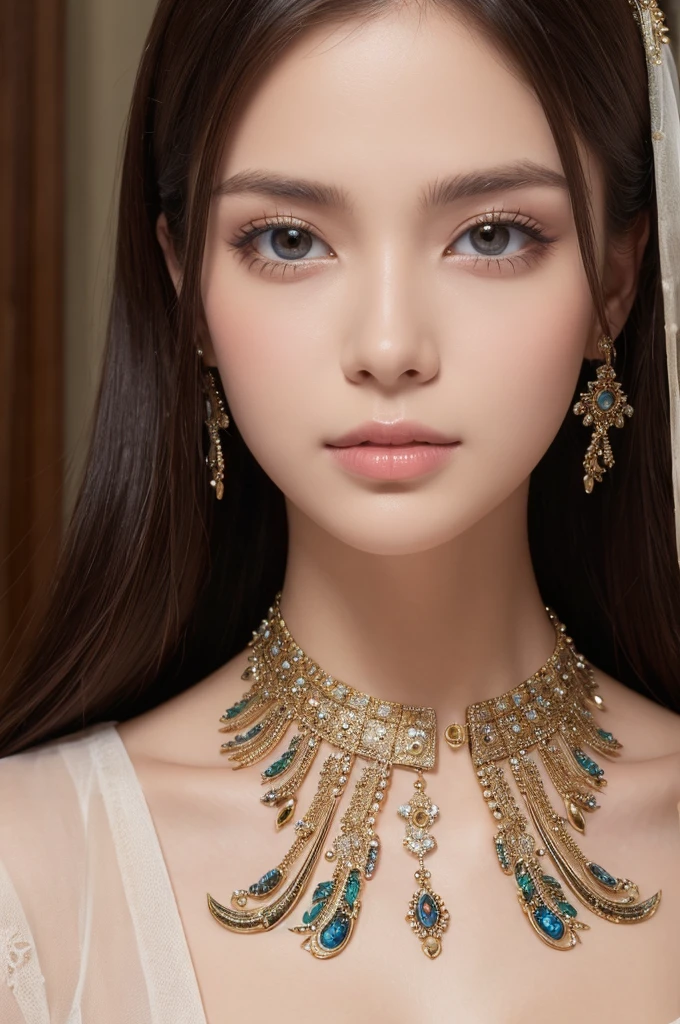 ((Realisticity: 1.2)), ((The highest resolution: 8K UHD)), Best Quality,masutepiece,hight resolution,nffsw, ((1 super detailed and ultra-realistic girl)), ((The dazzling of a very beautiful queen, Super realistic, and ultra detailed)),((White skin, Beautiful, Smooth, zora々Right, hyper realistic and hyper detailed )), Long hair, ((Ultra realistic and ultra detailed dresses)), Solo, ((Super realistic, Super beautiful, Gorgeous and ultra-detailed jewelry)), ((Super beautiful, Super realistic and super detailed dark red and golden yellow dress)), ((Super beautiful, Super realistic, Ultra Detailed Diamond Filled Earrings)), ((Super beautiful, Ultra-realistic and ultra-detailed diamond-filled hair ornament)), ((Super beautiful upper body, Super beautiful, hyper realistic and hyper detailed)), ((Oversized, Ultra-realistic and ultra-detailed royal palace background)) ((Super beautiful, Super beautiful, Ultra-realistic and ultra-detailed hair van)), ((Super beautiful, Ultra-realistic and ultra-detailed brown hair)), Candid, photograph, High resolution, 8K,Bokeh,