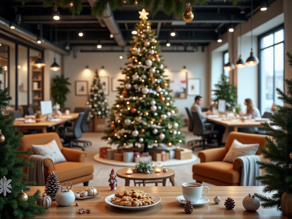  Masterpiece: 1.2, highest quality, ultra-high resolution, hyper-realistic, (panoramic image with high spatial depth and width, wide perspective, open open-plan office of an IT company 2. 0), with a large single Christmas tree in the center, decorated with baubles in orange, white and silver, festive decorations such as garlands, wreaths, fairy lights, poinsettias and pine cones are scattered around the room, several workstations with laptops visible, on the laptops virtual backgrounds for meetings-wintery or Christmas backgrounds for video calls, (in the foreground a cozy sitting area with comfortable armchairs, on the table is a plate with a selection of Christmas cookies-such as cinnamon stars, vanilla crescents and gingerbread, a simple white cup with steaming coffee, warm and festive atmosphere 1. 2), the entire room is richly decorated with decorations - such as fir branches, candles, poinsettias, small gifts, bells and candy canes, small figures of angels, Santa Clauses, sleighs, reindeer or Christmas elves, miniature Christmas trees and branches, all details clearly visible, no blurring, very detailed and realistic, elements in the foreground, middle ground and background clear and detailed Format 1024x1080, 300 DPI)
