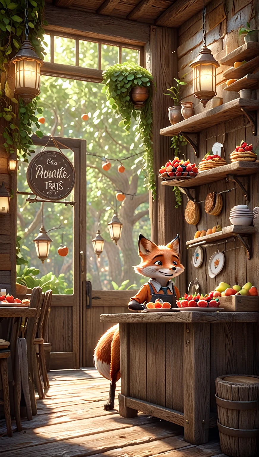 High resolution, masterpiece, Highest quality, Super detailed, Super detailed, Ultra-realistic, Pixar Rendering, unreal engine Cinematic smooth, Exquisite detail, Cinematic,A cheerful little fox waiter in a small apron, happily serving fruit tarts to woodland guests in a cozy café. The café has a charming rustic look with wooden walls, lanterns hanging from tree branches, and a serene, magical atmosphere.