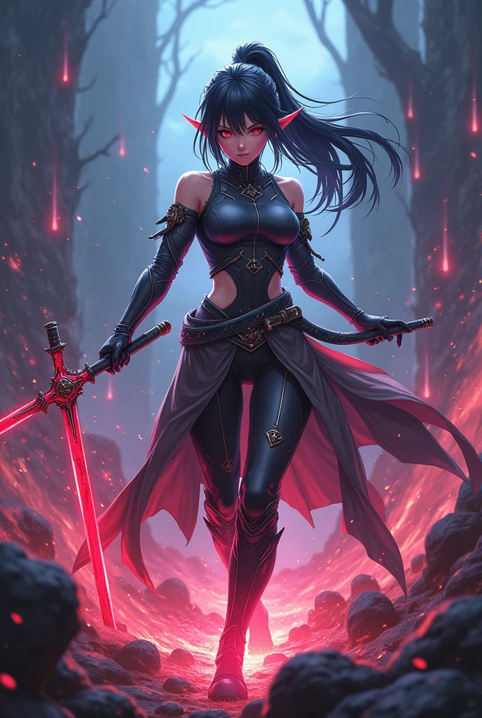 girl, goblin warrior, evil look, sexi, small breasts, wielding a sword, demonic armor, facepaint, bodypaint, red glowing eyes, combat stance, vibrant appearance, creative behavior, imaginative, sensual, spontaneous, highest quality, skin texture, intricate details, (cinematic lighting), RAW photo, 8k