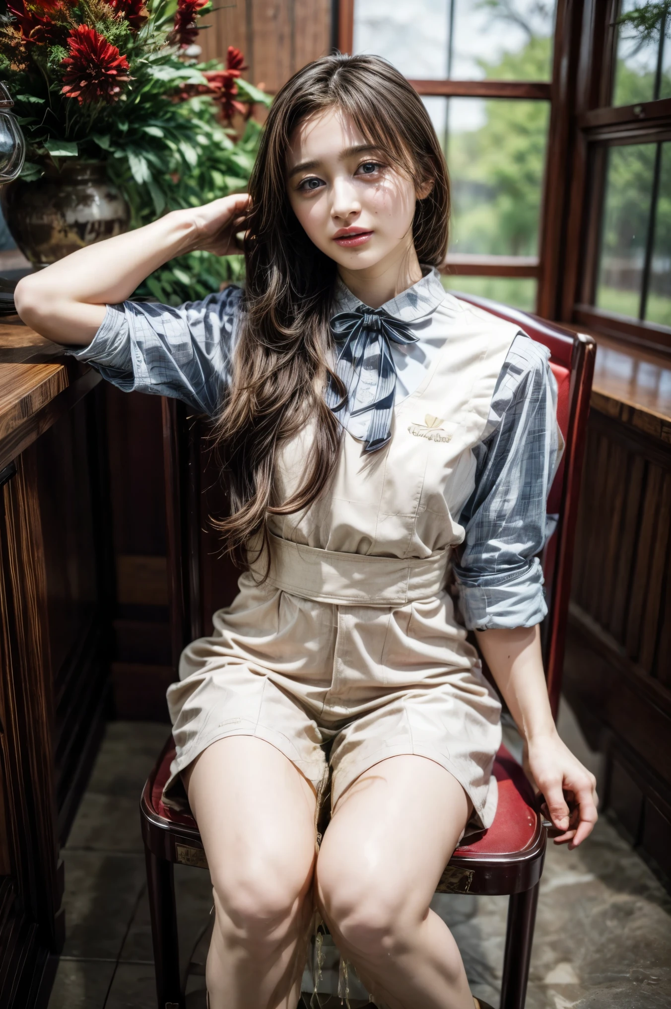 high resolution photograph of a beautiful female idol, (masterpiece,best quality),(realistic, photo-realistic),RAW Photo, 8k, solo, 1girl, full body, detailed face, detailed eyes, thin nose, (dark hair, long straight hair:1.2), (waitress uniform:1.3), (peeing self while sitting on the chair with spread legs apart, urination:1.6), (desperate pose, pee running down her legs, pee stain, pee puddle), covering crotch, looking at viewer, view from below, photo background, indoors, Starbucks cafe, coffee shop,