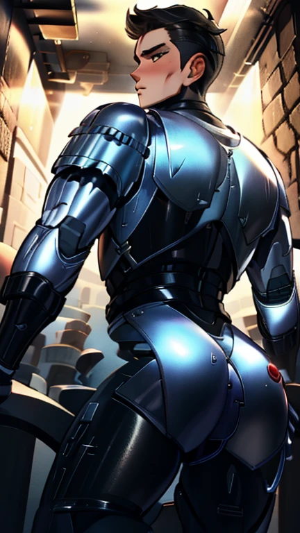 (  best quality ), (  best quality ), (  best quality ), (Overall view) Back Alley, Japanese with a cute face ,  beautiful young young man 18 years old ,  Robocop cosplay, Weak body,  sensual vibe 