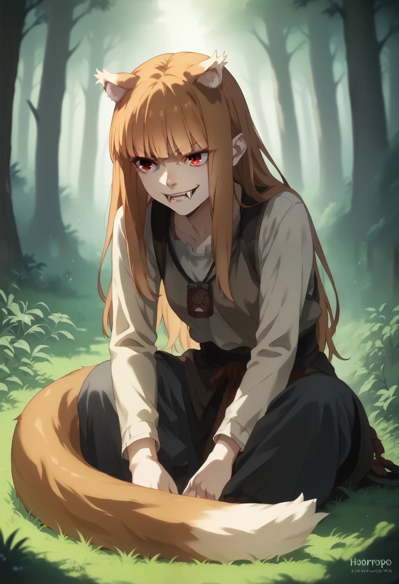 Horo girl with ears and tail sits in the forest and smiles, she has long fangs, maximum realism