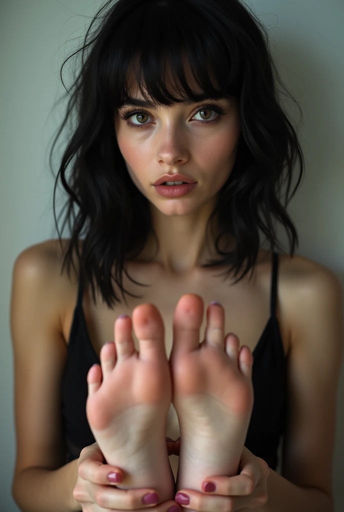 Attractive dark haired teen girl, sharp facial features, mean expression, punk outfit style, neck choker, Five toes per foot, bare feet displayed side by side,soles in foreground, wrinkly soles, bare feet in focus,Details of the soles of the feet,Clear facial features。Youthful, sweaty feet, perfect feet, symmetrical soles, anatomically accurate feet, long legs. Eyeshadow, well lit room, five toes