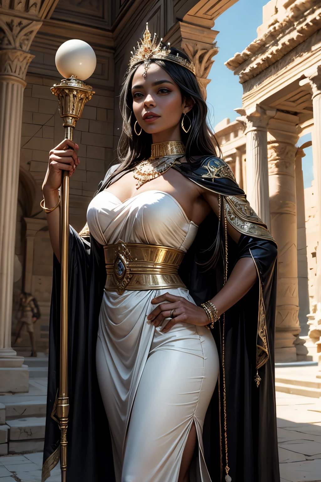 Depict Zenobia, Queen of the East, against the backdrop of ancient Palmyra. She is renowned for her beauty, with dark skin and pearly white teeth. Her large jet-black eyes shine with an extraordinary light while exuding a gentle charm. Zenobia is a woman trained to endure any fatigue, always appearing her military uniform. The background features the magnificent ruins of ancient Palmyra and a desert landscape, highlighting her strength and beauty in a captivating scene.

Depict Zenobia, Queen of Palmyra, in a detailed and historically accurate outfit. She wears an elegant, flowing gown made of fine silk, adorned with intricate gold embroidery and vibrant colors reflecting her royal status. The gown has wide, ornate sleeves and a cinched waist, enhancing her regal silhouette. Her head is adorned with a beautifully crafted golden crown, featuring jewels that glisten in the sunlight. Zenobia's jewelry includes elaborate necklaces and bracelets, showcasing her wealth and elegance. In one hand, she holds a decorative staff symbolizing her power, while the other rests confidently on her hip. The background features the stunning ruins of ancient Palmyra, emphasizing her strength and beauty.
