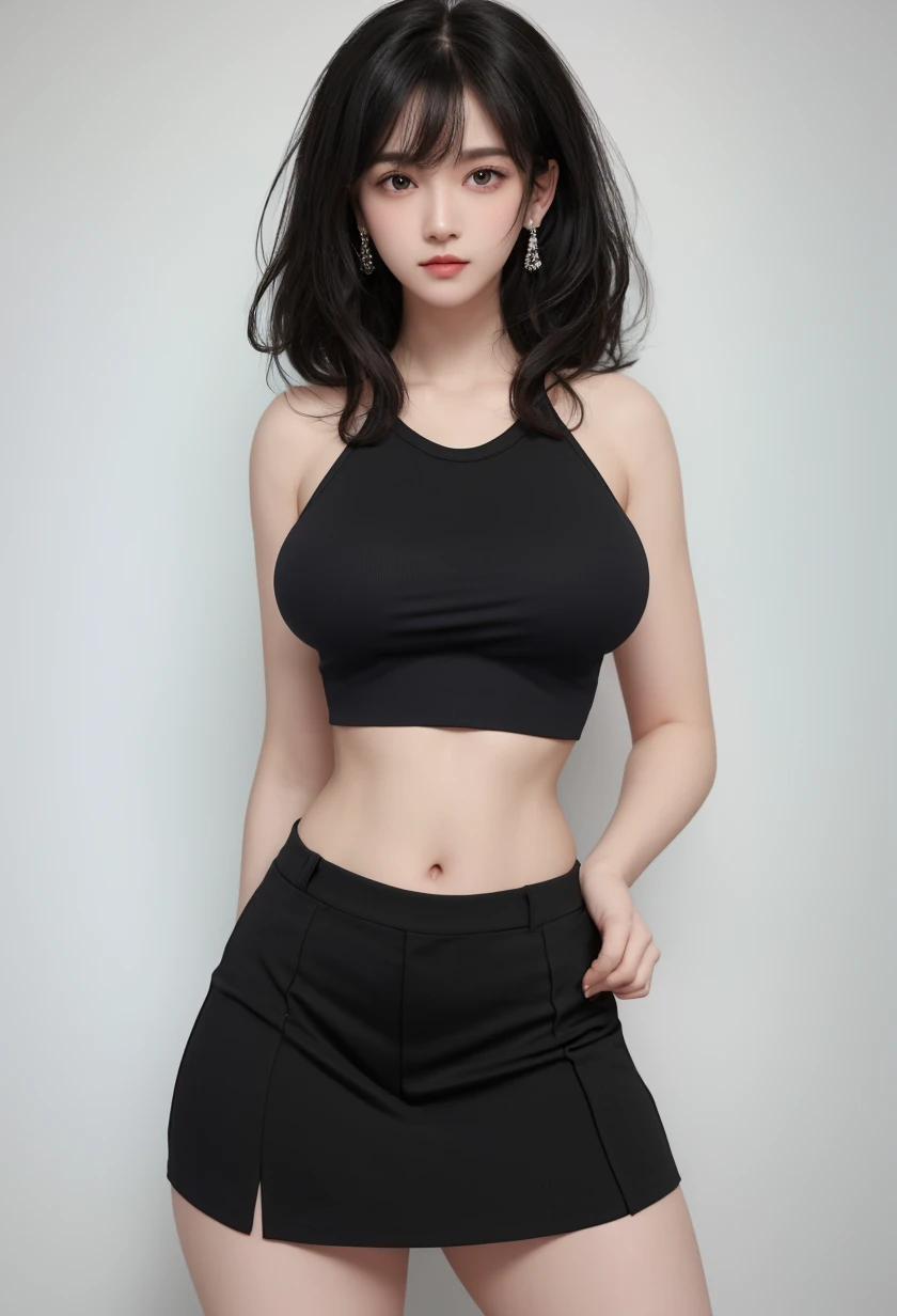 Close up shot of a sultry, stunning woman with a captivating gaze and flawless makeup, childhood best friend glowing up, accentuated by her black tank top and black short shorts, showcasing her alluring figure with thick thighs and wide hips, exuding a provocative aura.