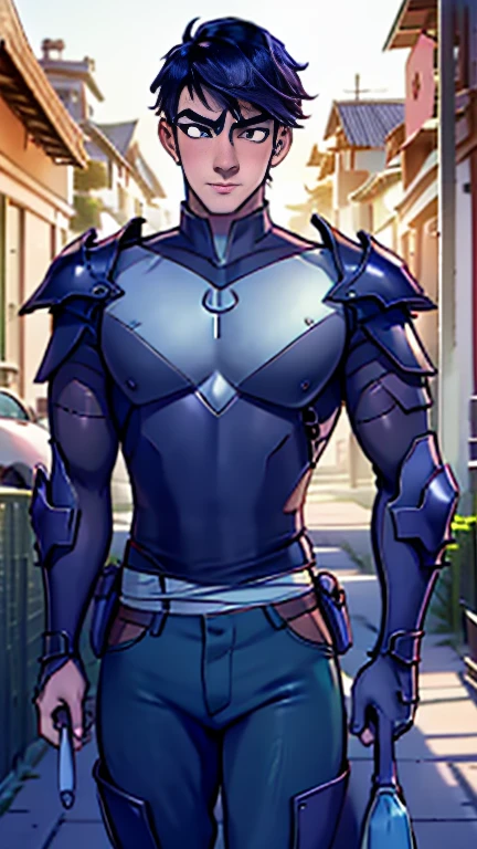 (   best quality ), (    best quality ), (    best quality ), (Overall view) Backstreets,  Japanese beautiful young young man with a cool and handsome face 18 years old,   nightwing armor   , 18 years old, 190cm、  thin waist ,    long bangs  , 