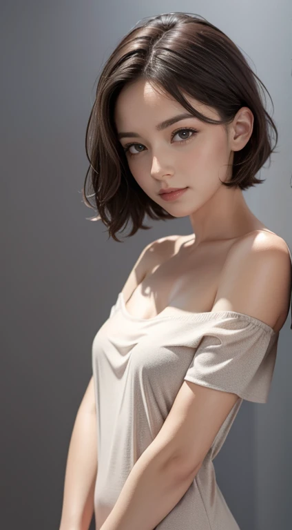  top that fits the skin perfectly:1.2,  Viewers,  Movie Lighting, perfection, ,   high definition skin :1.2, realistic skin texture, 30 year old mature woman、 small face、No makeup、,  off-shoulder ,B Cup、 small breasts、  exposed cleaves,  blue eyes,  short hair,  dark brown hair 、 full nude、 gray background 、