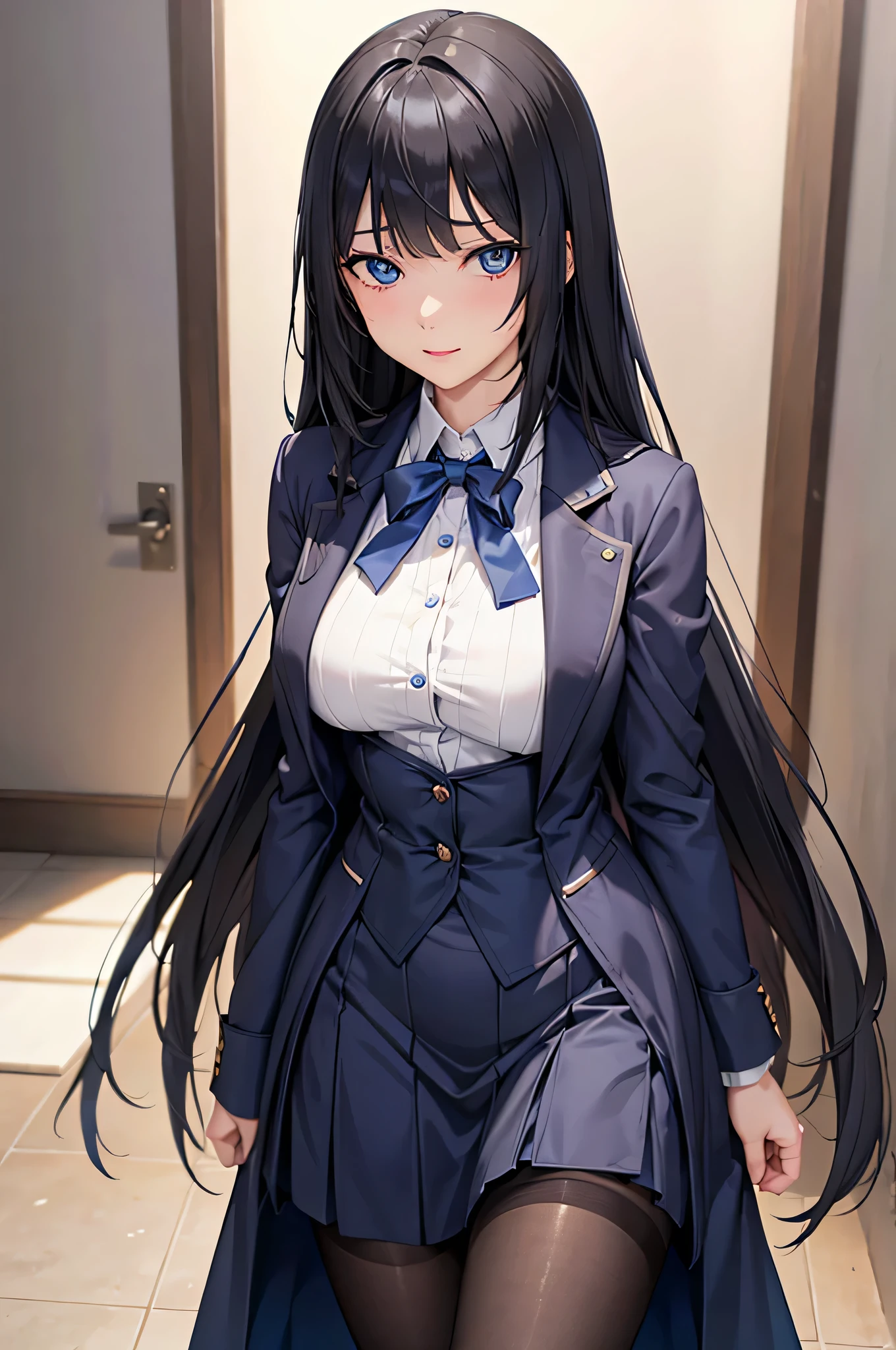  adult woman laughing, Alone,  sexy,8K resolution,(( best quality)), ultra high resolution, ( No Emotion), (Blue slender eyes ),  beautiful symmetrical face , ( black princess cut long hair),Formal suits,Formal Skirt, stockings,Realistic:1.4,Realistic:1.4,(masterpiece:1.2), perfect eyes,Perfect Eyes, anatomically correct human body ,Perfect waist,Perfect thighs, office lady , angle from below