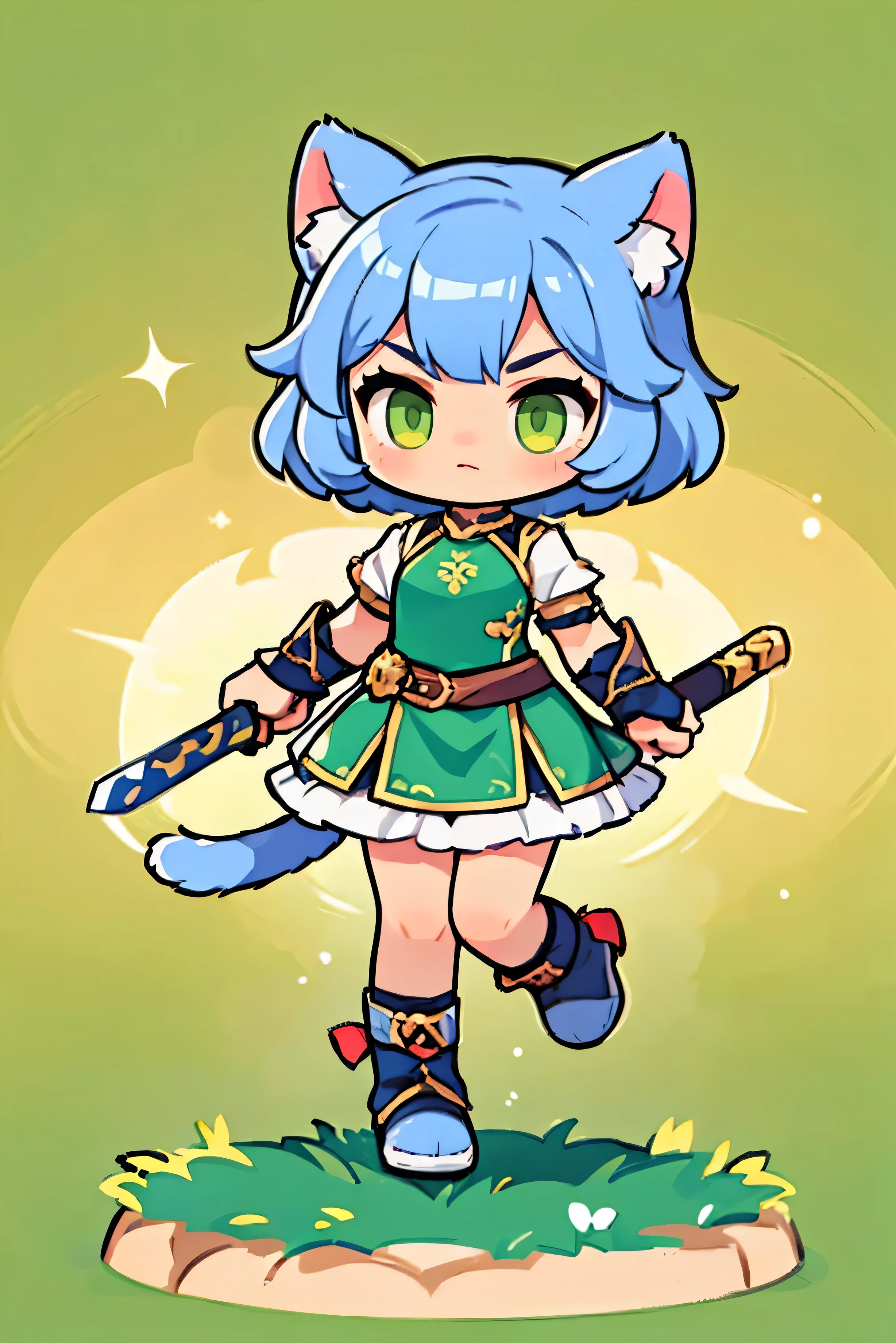 Short hair,  cat ears,  cute female warrior style,  European RPG Warrior Armor, Carrying a sword and wielding it .  dynamic pose, Battle Action ,  3 tall , Natural background.  Color hair ,  costume color combination of green and light green, Green eyes,  jumping to attack ,