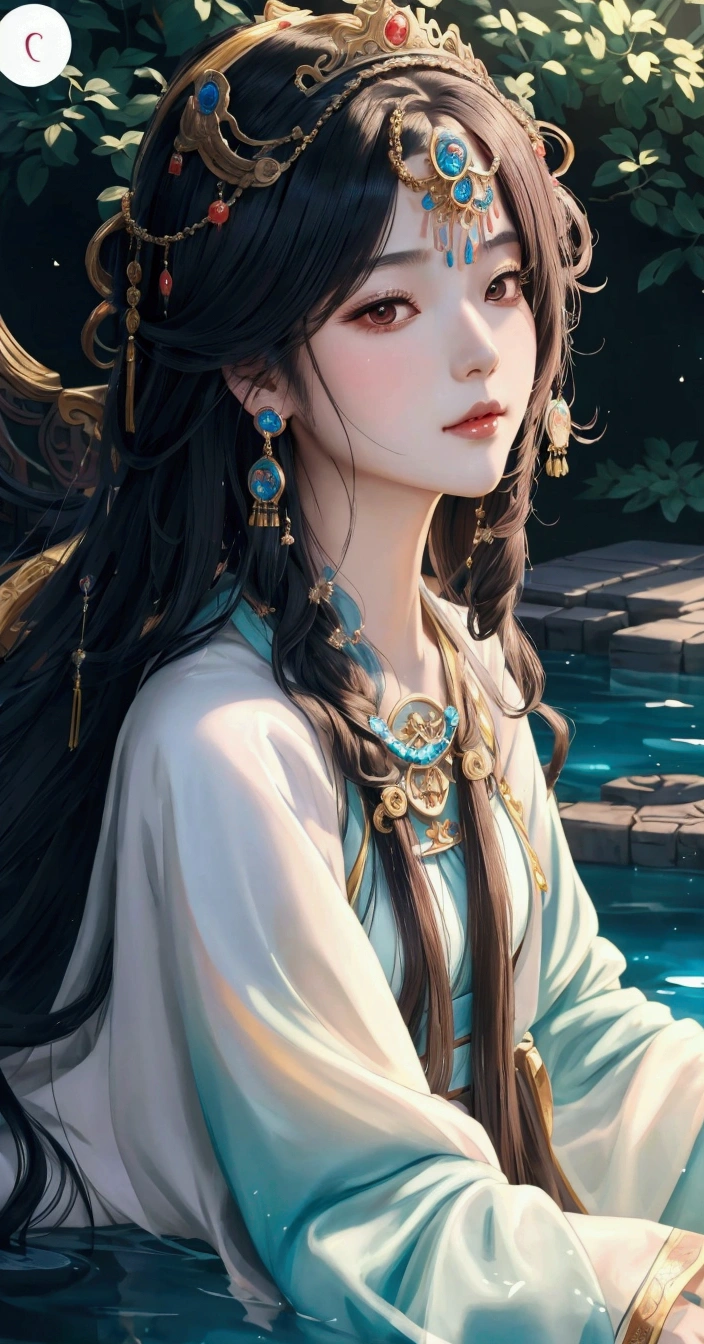 a close up of a woman with long hair sitting in a pool, palace ， a girl in hanfu, beautiful character painting, beautiful anime portrait, artwork in the style of guweiz, flowing hair and long robes, beautiful anime girl, anime girl with long hair, guweiz, chinese style, ((a beautiful fantasy empress)), beautiful anime style