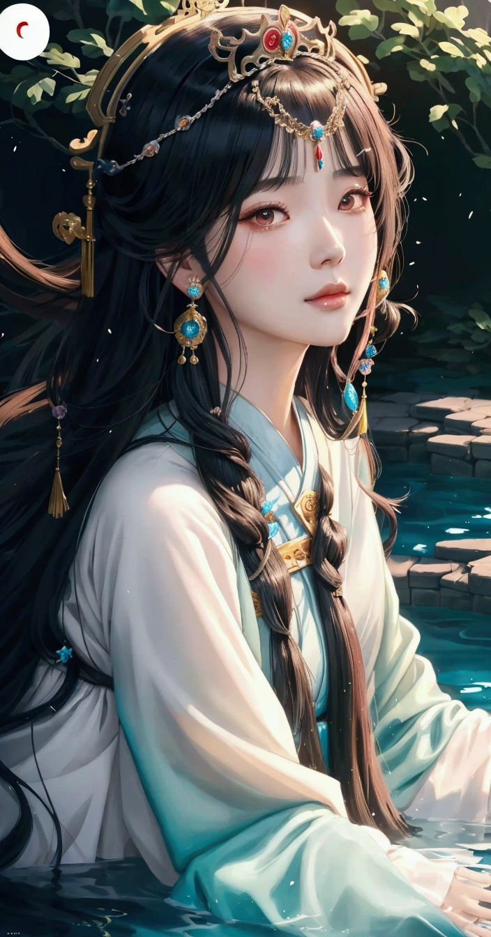 a close up of a woman with long hair sitting in a pool, palace ， a girl in hanfu, beautiful character painting, beautiful anime portrait, artwork in the style of guweiz, flowing hair and long robes, beautiful anime girl, anime girl with long hair, guweiz, chinese style, ((a beautiful fantasy empress)), beautiful anime style