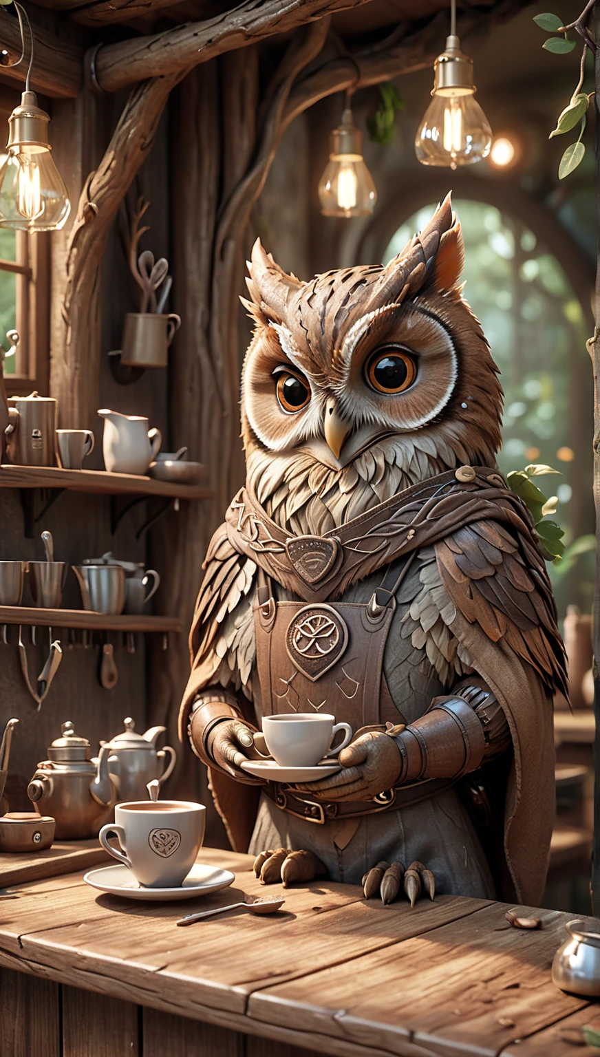 High resolution, masterpiece, Highest quality, Super detailed, Super detailed, Ultra-realistic, Pixar Rendering, unreal engine Cinematic smooth, Exquisite detail, Cinematic,A wise-looking owl in a barista apron, carefully preparing a cup of tea with a gentle smile in a cozy woodland café. The café has earthy, muted colors, with branches and leaves woven into the décor, and tiny wooden tables for animal guests.A wise-looking owl in a barista apron, carefully preparing a cup of tea with a gentle smile in a cozy woodland café. The café has earthy, muted colors, with branches and leaves woven into the décor, and tiny wooden tables for animal guests.