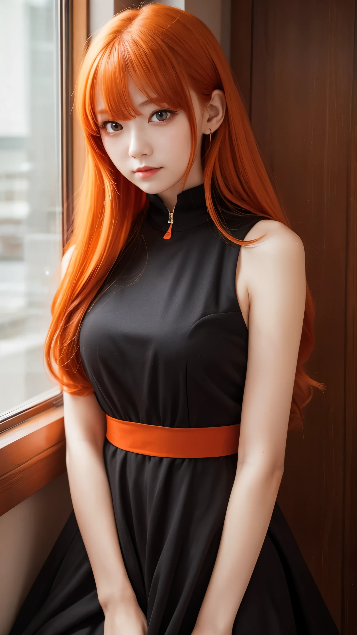 ((highest quality, masterpiece, 1 female, beautiful, adult female, one shoulder dress,((big hair)), looking at the viewer ((green eyes)), ((orange hair, hair tied), standing, piercings, anime version, showing the whole character