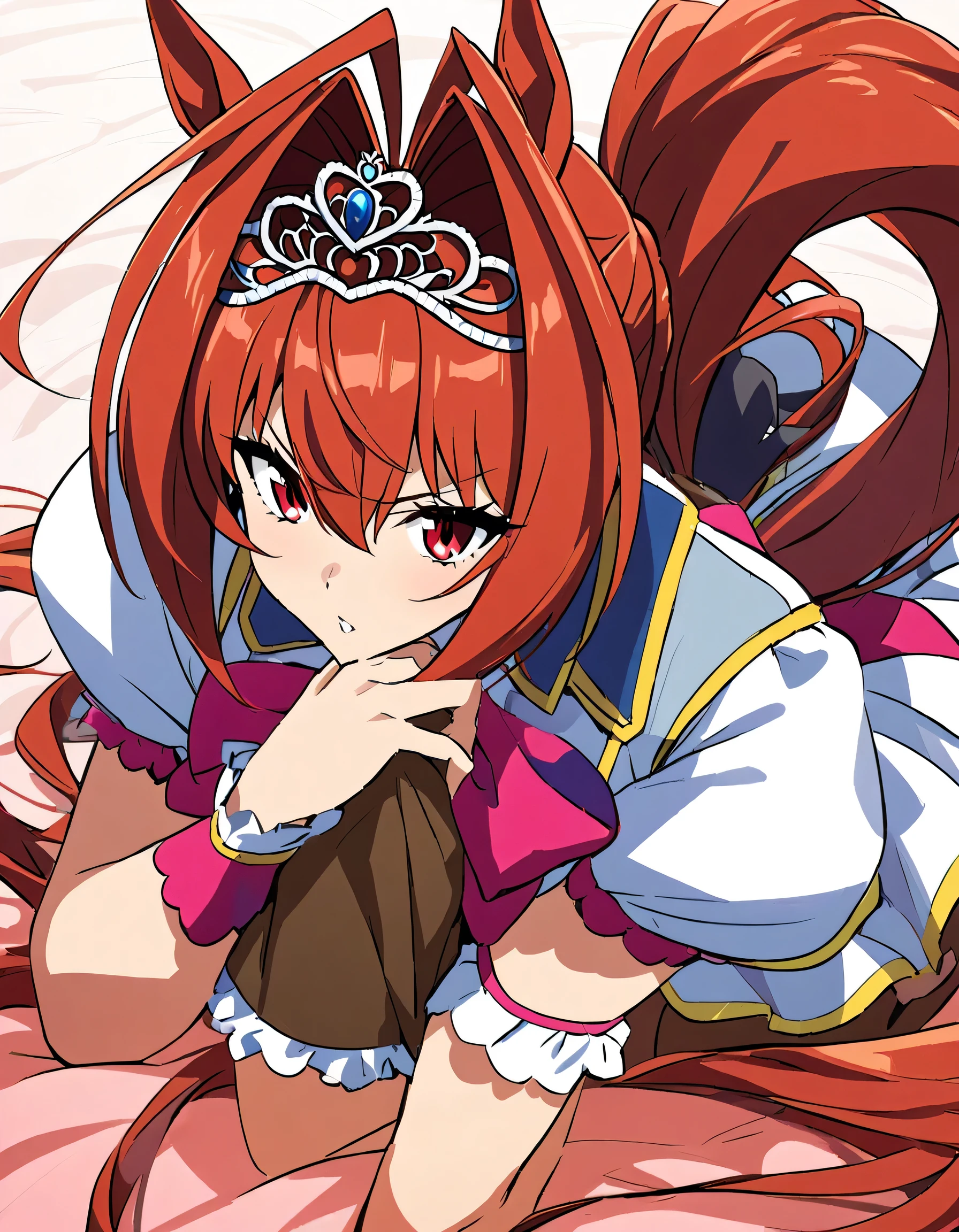  Daiwa Scarlet  (Horse Girl), red eyes, Horse&#39;s ears, Long Hair,  twin tails,  tiara , Horse's Tail, very Long Hair,  brown hair, Epaulettes,  garter belt ,  Long Sleeve ,  big breasts at the temple, red eyes,  bow tie, bangs,  Puff Sleeves,  blue jacket ,  White Thigh Socks , center frills,  white shirt, Hair between the eyebrows, White Skirt,  blue skirt ,  hair bow,  happy , smile,  absurd,  Hi-Res, ( Official Art,   Beautiful and Aesthetic:1.4),  ultra detail , Aerial, Beautiful person,  dynamic poses,  dynamic angle, nature, A vast world, Bright Sky, Cloudy, Star Effect,   knight ,