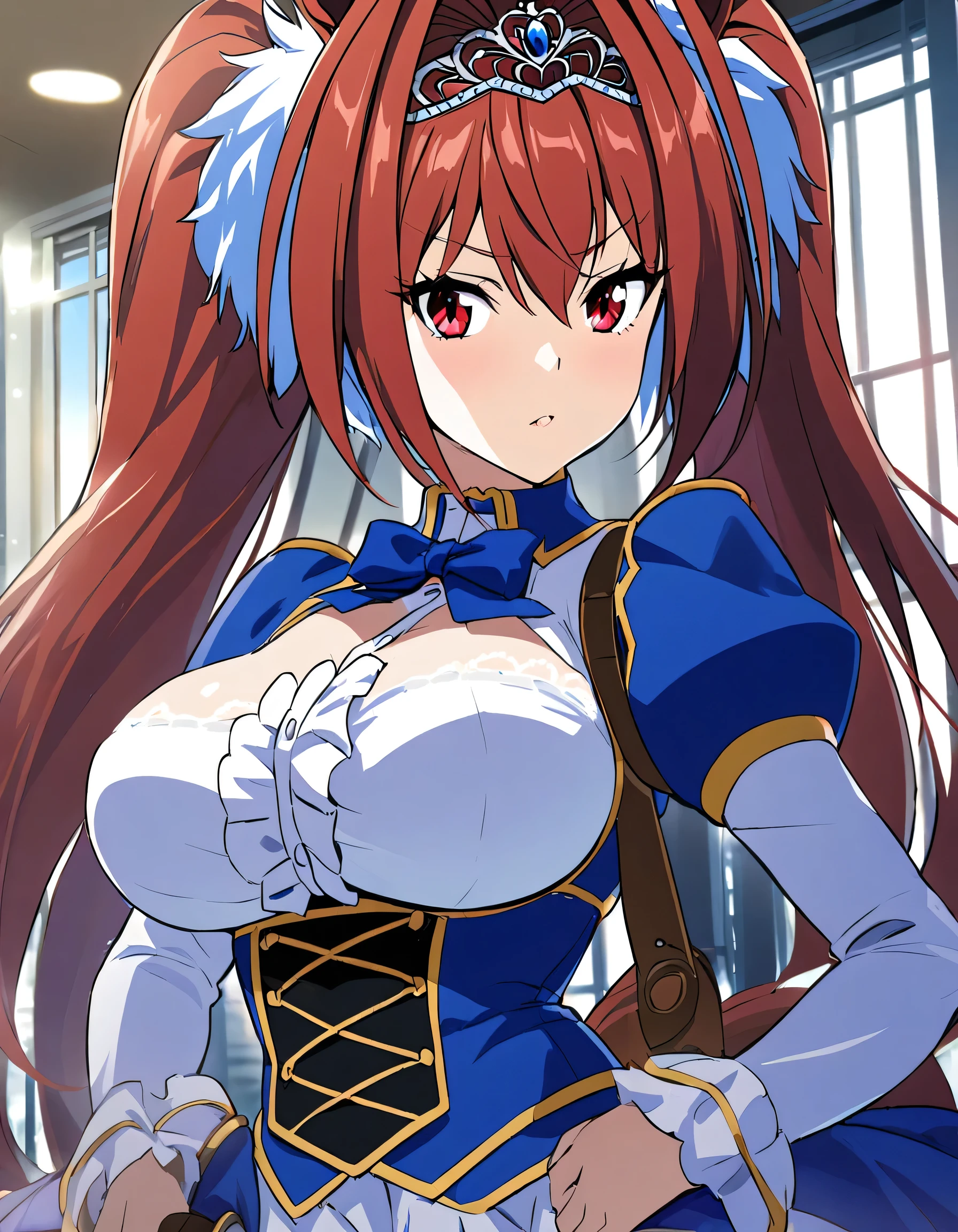  Daiwa Scarlet  (Horse Girl), red eyes, Horse&#39;s ears, Long Hair,  twin tails,  tiara , Horse's Tail, very Long Hair,  brown hair, Epaulettes,  garter belt ,  Long Sleeve ,  big breasts at the temple, red eyes,  bow tie, bangs,  Puff Sleeves,  blue jacket ,  White Thigh Socks , center frills,  white shirt, Hair between the eyebrows, White Skirt,  blue skirt ,  hair bow,  happy , smile,  absurd,  Hi-Res, ( Official Art,   Beautiful and Aesthetic:1.4),  ultra detail , Aerial, Beautiful person,  dynamic poses,  dynamic angle, nature, A vast world, Bright Sky, Cloudy, Star Effect,   knight ,