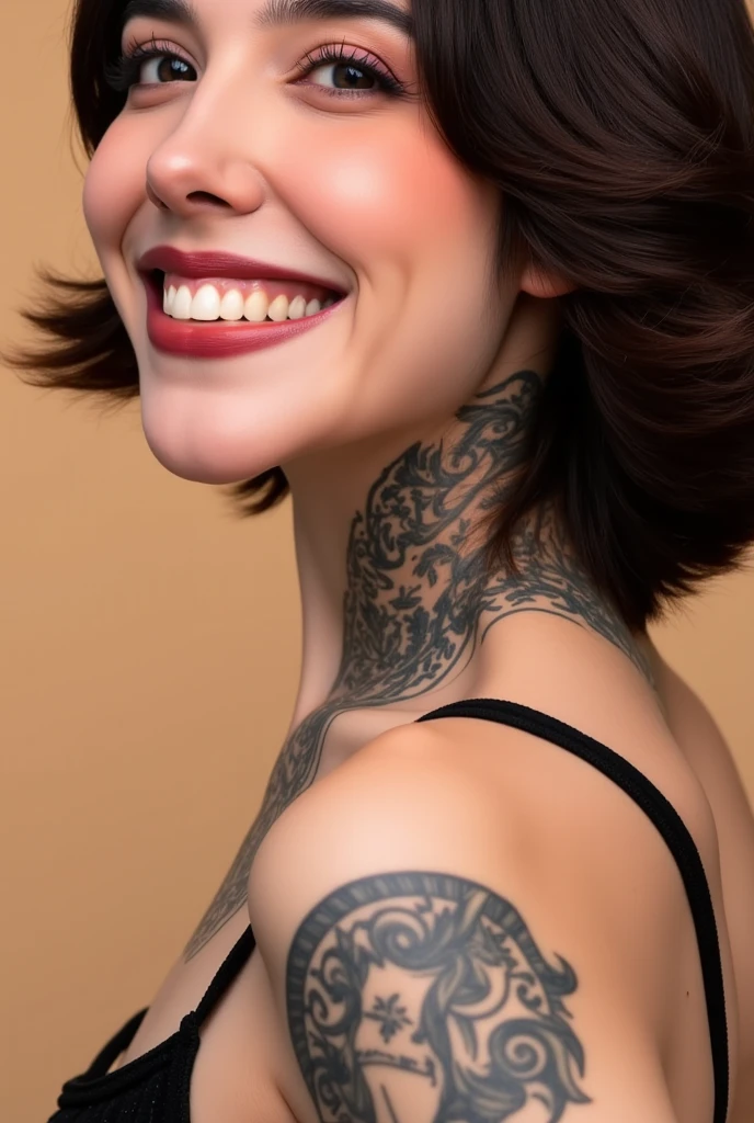 Professional photography of A beautiful woman, intricate neck tattoos, close up portrait, vibrant smile, masterpiece, best quality 