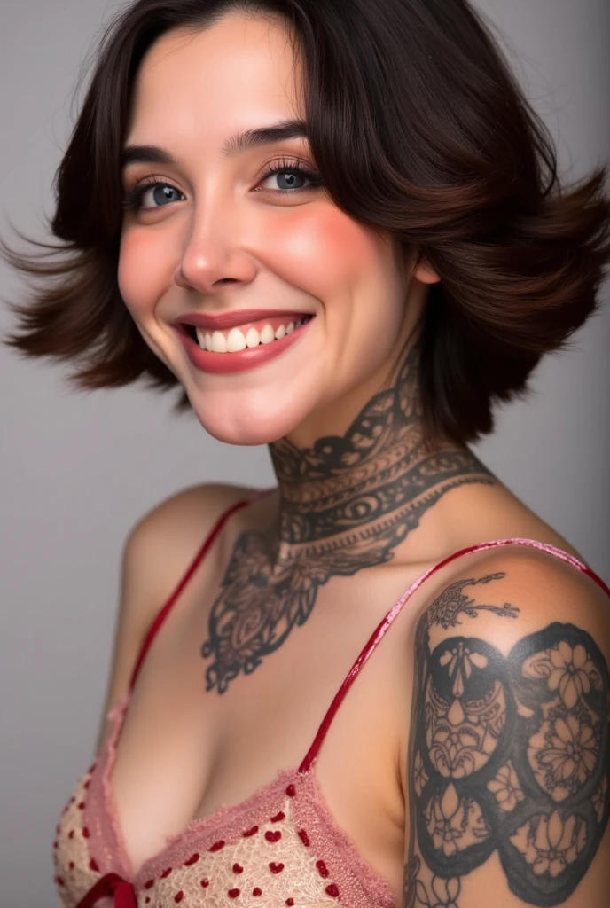 Professional photography of A beautiful woman, intricate neck tattoos, close up portrait, vibrant smile, masterpiece, best quality 