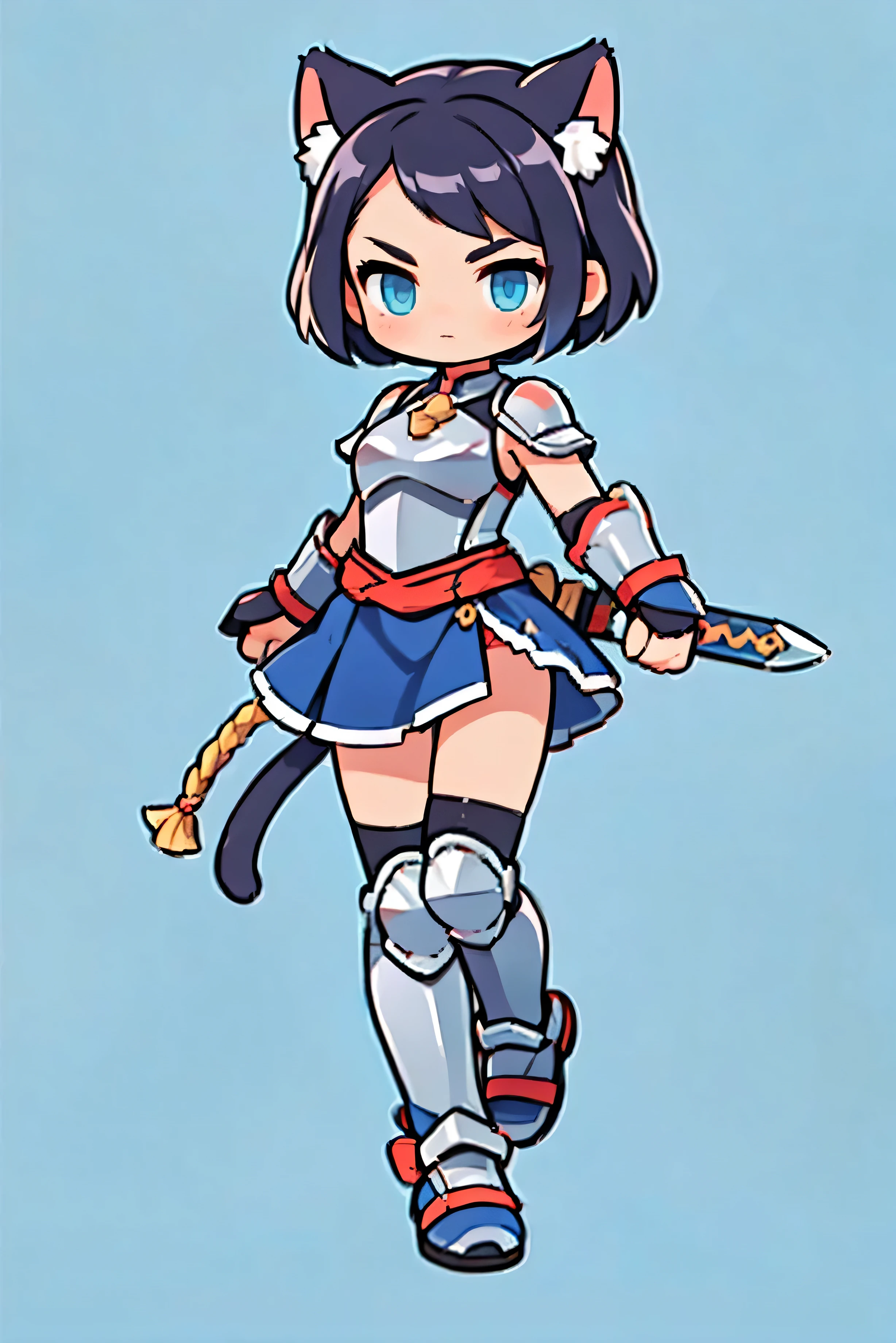 Short hair, cat ears, cute female warrior style, European RPG Warrior Full Body Armor, Carrying a sword and wielding it . dynamic pose, Battle Action , 3 tall , Natural background. black hair, Costume Full Body Iron Armor , silver armor, Full Body Protection , Blue Eyes , Rotating and attacking action ,