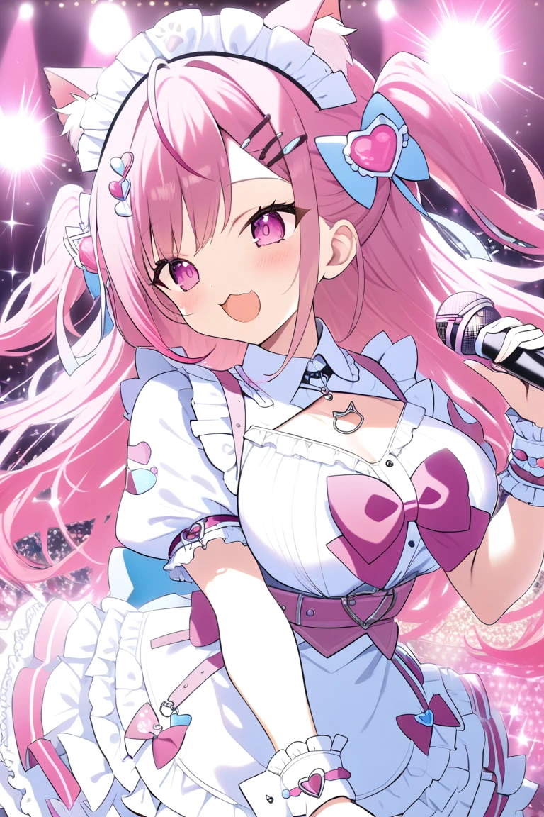 1girl,solo,sakuna,pink eyes,Beautiful Eyes,:3,mesugaki,skin fang,pink hair,cat ears,long hair,two side up,large breasts,hair ornament,wrist cuffs,sakuna,maid headdress,happy, cute beauty idols,slender, open mouth,face in profile, intricate detailed idol costume, intricate detailed Short white and pink ruffled dress, white knee-highs, Ruffled bangles, ruffled arm rings, scarf, gloves, pink Headset with pink microphone, On stage in concert halls, Luxurious staging, Large quantities of glittery confetti fluttering down, professional lighting, high contrast, high saturation, Anatomically correct hands and fingers,(masterpiece,best quality,very aesthetic,ultra detailed)