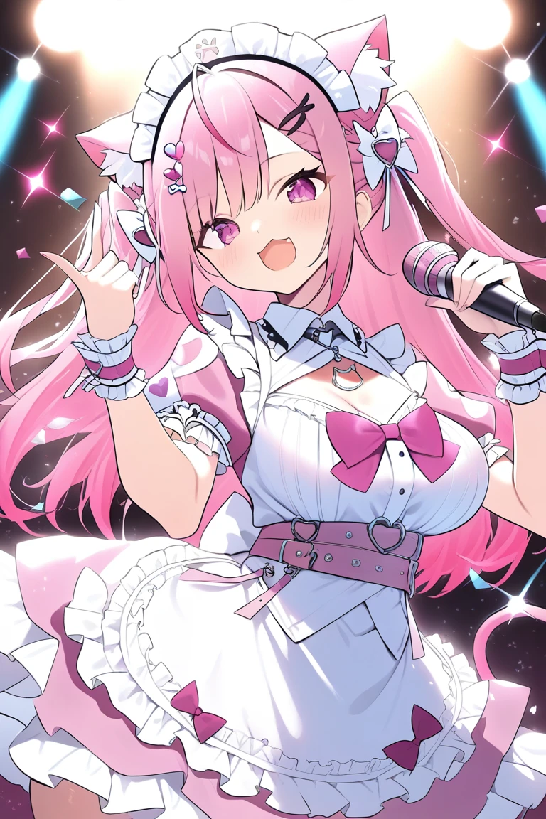 1girl,solo,sakuna,pink eyes,Beautiful Eyes,:3,mesugaki,skin fang,pink hair,cat ears,long hair,two side up,large breasts,hair ornament,wrist cuffs,sakuna,maid headdress,happy, cute beauty idols,slender, open mouth,face in profile, intricate detailed idol costume, intricate detailed Short white and pink ruffled dress, white knee-highs, Ruffled bangles, ruffled arm rings, scarf, gloves, pink Headset with pink microphone, On stage in concert halls, Luxurious staging, Large quantities of glittery confetti fluttering down, professional lighting, high contrast, high saturation, Anatomically correct hands and fingers,(masterpiece,best quality,very aesthetic,ultra detailed)