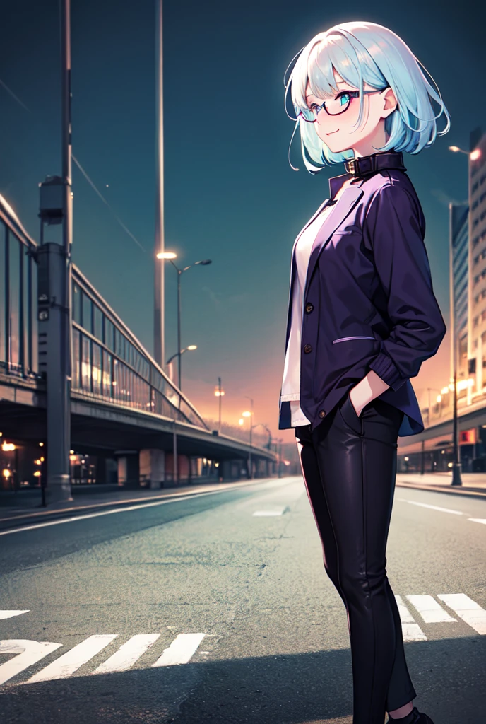 Score_9, score 8_up, score 7_up, high quality, semi realistic, uhd, 1girl, beautiful, short white hair, straight hair, hime cut hair, without bangs, cyan eyes, eye highlights, fair skin, faint cheek blush, eyelashes, purple eyeshadow, smiling, sparkling, front view, looking at the side, upper body, pretty, dark purple high collar jacket, dark purple pants, black shoes, black glasses, gloss nail polish, night setting, park background, standing, cyan eyes glow, arms crossed, anime scene, windy scene