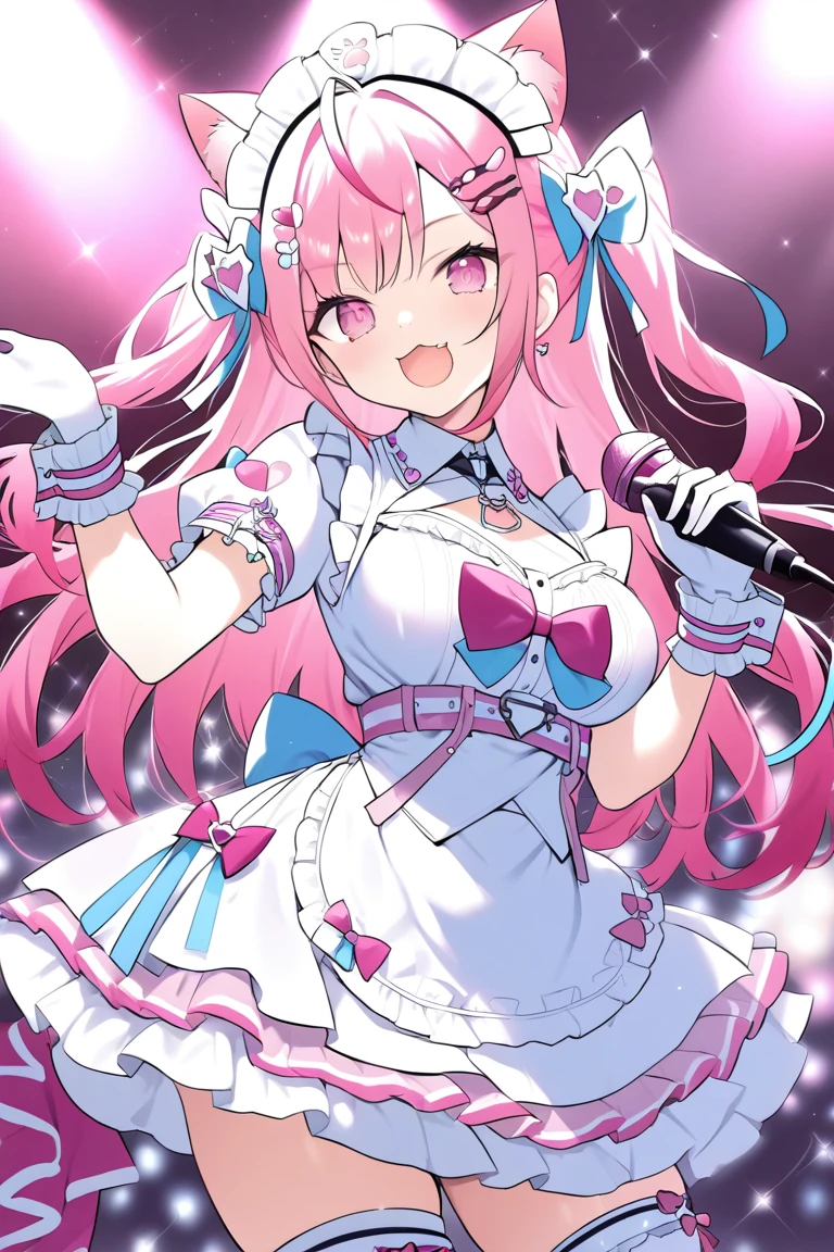 1girl,solo,sakuna,pink eyes,Beautiful Eyes,:3,mesugaki,skin fang,pink hair,cat ears,long hair,two side up,large breasts,hair ornament,wrist cuffs,sakuna,maid headdress,happy, cute beauty idols,slender, open mouth,face in profile, intricate detailed idol costume, intricate detailed Short white and pink ruffled dress, white knee-highs, Ruffled bangles, ruffled arm rings, scarf, gloves, pink Headset with pink microphone, On stage in concert halls, Luxurious staging, Large quantities of glittery confetti fluttering down, professional lighting, high contrast, high saturation, Anatomically correct hands and fingers,(masterpiece,best quality,very aesthetic,ultra detailed)