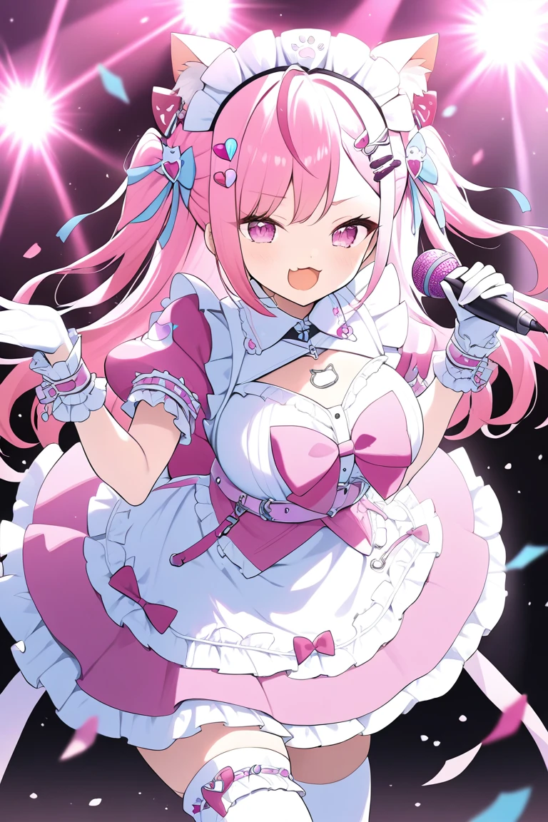 1girl,solo,sakuna,pink eyes,Beautiful Eyes,:3,mesugaki,skin fang,pink hair,cat ears,long hair,two side up,large breasts,hair ornament,wrist cuffs,sakuna,maid headdress,happy, cute beauty idols,slender, open mouth,face in profile, intricate detailed idol costume, intricate detailed Short white and pink ruffled dress, white knee-highs, Ruffled bangles, ruffled arm rings, scarf, gloves, pink Headset with pink microphone, On stage in concert halls, Luxurious staging, Large quantities of glittery confetti fluttering down, professional lighting, high contrast, high saturation, Anatomically correct hands and fingers,(masterpiece,best quality,very aesthetic,ultra detailed)