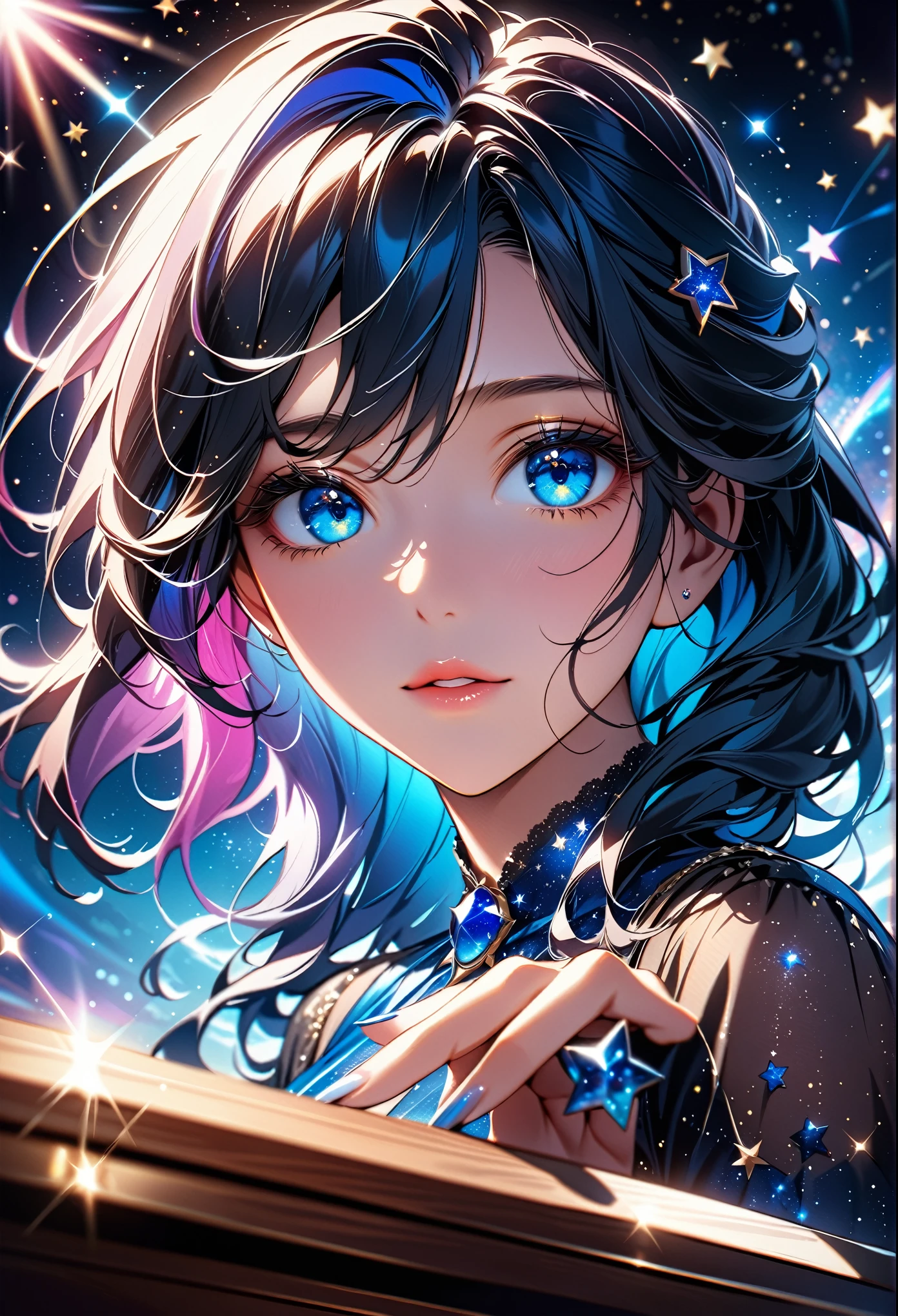 a extreme close up facial picture of an astrologist who divine the future from the stars, an extraordinary beautiful woman, divining the future from the stars, there is magic in her eyes, the ((her eyes are deep blue filled with stars: 1.5)) ladyshadow, dynamic hair color, dynamic hair style, she sits near a table, dynamic clothing, dynamic background, vibrant, Ultra-high resolution, High Contrast, (masterpiece:1.5), highest quality, Best aesthetics), best details, best quality, highres, 16k, [ultra detailed], masterpiece, best quality, (extremely detailed), Shiny..., ladyshadow