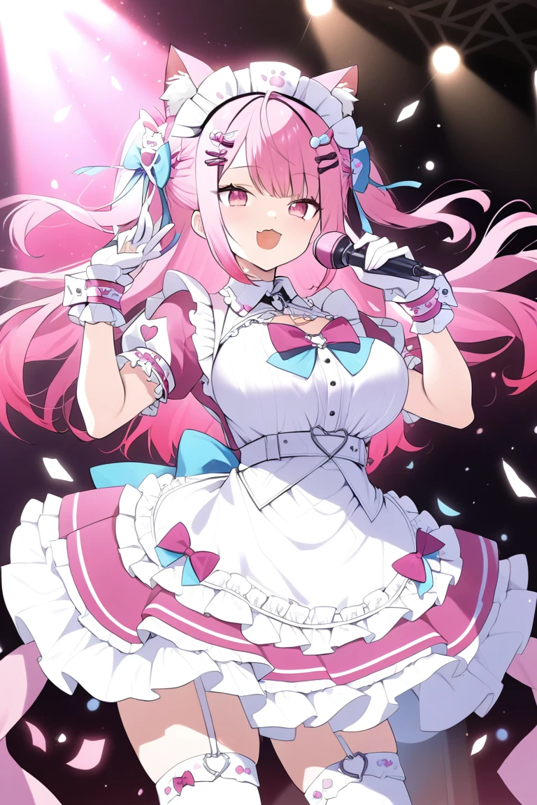 1girl,solo,sakuna,pink eyes,Beautiful Eyes,:3,mesugaki,skin fang,pink hair,cat ears,long hair,two side up,large breasts,hair ornament,wrist cuffs,sakuna,maid headdress,happy, cute beauty idols,slender, open mouth,face in profile, intricate detailed idol costume, intricate detailed Short white and pink ruffled dress, white knee-highs, Ruffled bangles, ruffled arm rings, scarf, gloves, pink Headset with pink microphone, On stage in concert halls, Luxurious staging, Large quantities of glittery confetti fluttering down, professional lighting, high contrast, high saturation, Anatomically correct hands and fingers,(masterpiece,best quality,very aesthetic,ultra detailed)