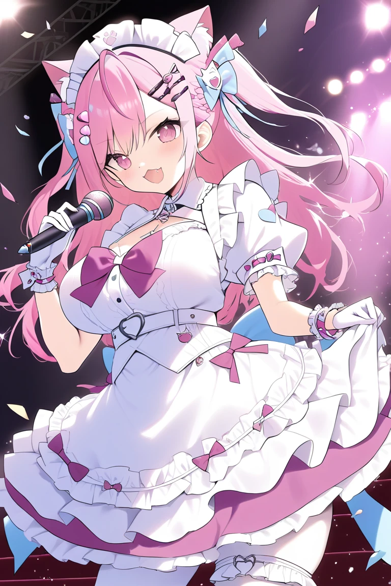 1girl,solo,sakuna,pink eyes,Beautiful Eyes,:3,mesugaki,skin fang,pink hair,cat ears,long hair,two side up,large breasts,hair ornament,wrist cuffs,sakuna,maid headdress,happy, cute beauty idols,slender, open mouth,face in profile, intricate detailed idol costume, intricate detailed Short white and pink ruffled dress, white knee-highs, Ruffled bangles, ruffled arm rings, scarf, gloves, pink Headset with pink microphone, On stage in concert halls, Luxurious staging, Large quantities of glittery confetti fluttering down, professional lighting, high contrast, high saturation, Anatomically correct hands and fingers,(masterpiece,best quality,very aesthetic,ultra detailed)