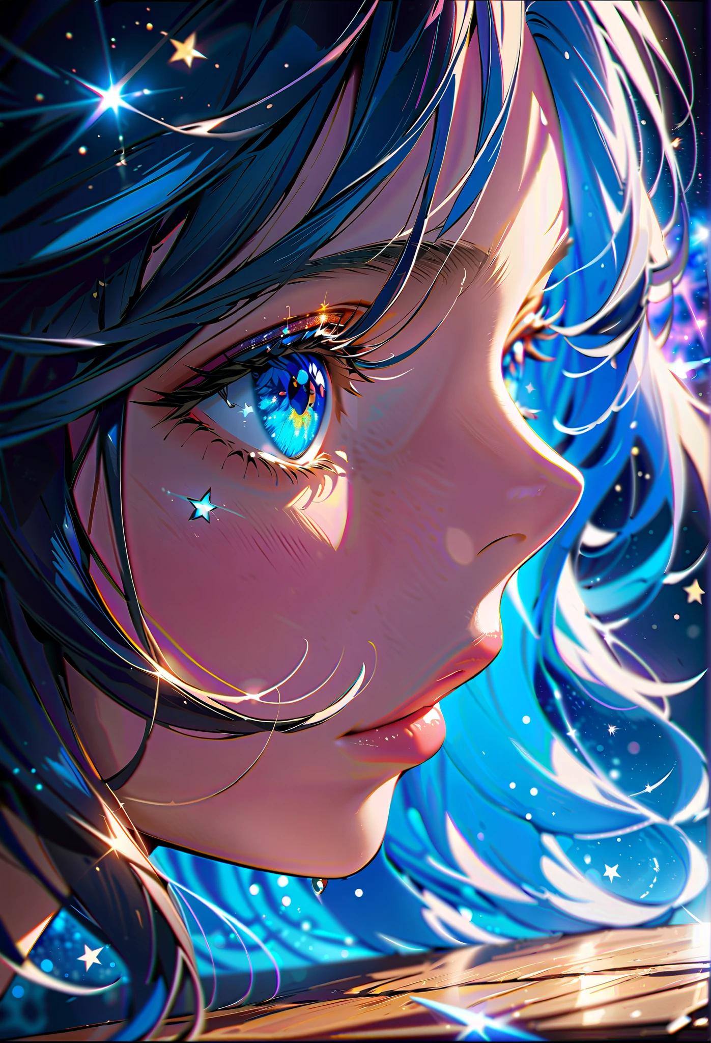 a extreme close up facial picture of an astrologist who divine the future from the stars, an extraordinary beautiful woman, divining the future from the stars, there is magic in her eyes, the ((her eyes are deep blue filled with stars: 1.5)) ladyshadow, dynamic hair color, dynamic hair style, she sits near a table, dynamic clothing, dynamic background, vibrant, Ultra-high resolution, High Contrast, (masterpiece:1.5), highest quality, Best aesthetics), best details, best quality, highres, 16k, [ultra detailed], masterpiece, best quality, (extremely detailed), Shiny..., ladyshadow