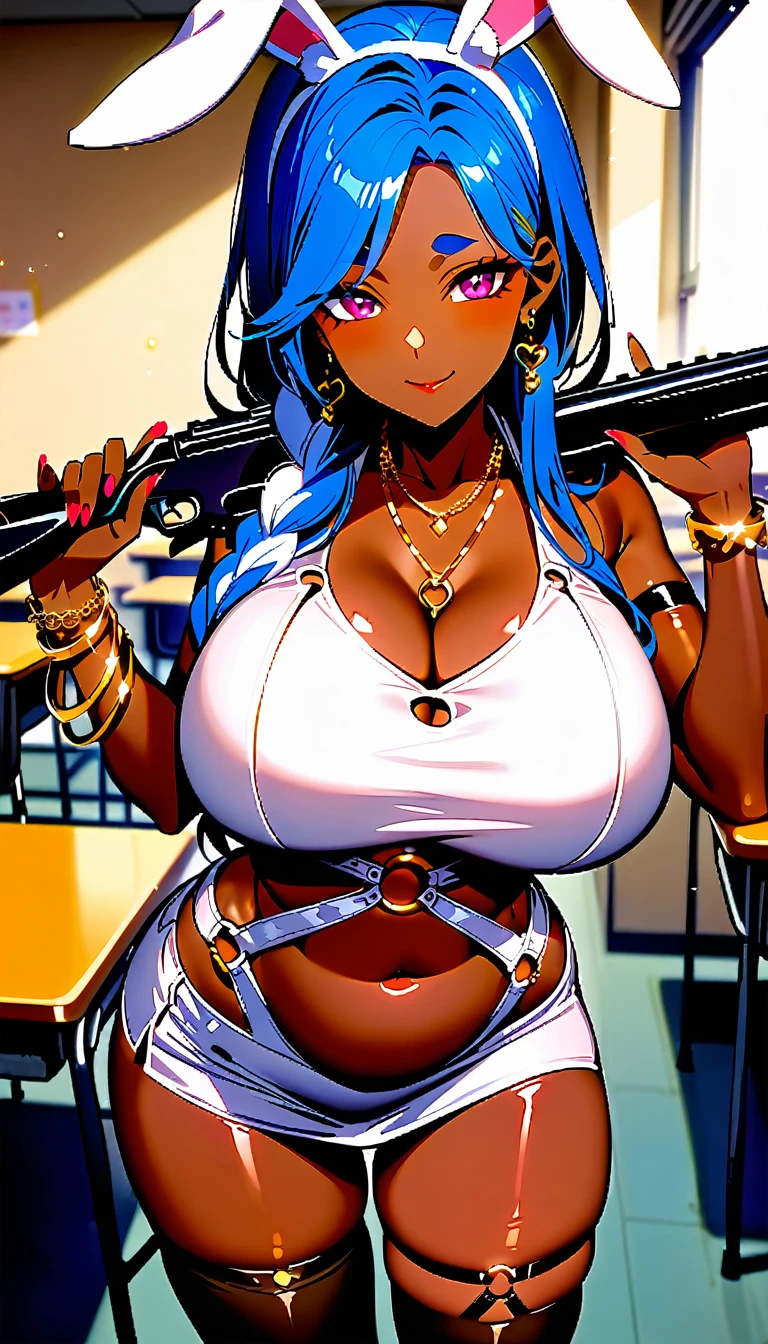 masterpiece,  High Quality ,  very detailed,  1 girl, Mature Woman, Alone,  bunny girl, (Dark Skin Brown Skin :2), Pekomama, (Big Breasts:1.5), (((( blue hair), Long Hair, Pink Eyes, Vertical pupil, Bunny ears))),  open lips, (((  Blake Micro Dress,  Shiny Dress , Elbow gloves, belly button,  Waist Cut Out, underwear,  micro skirt,  thigh high socks that handle shotguns, O-ring,  earrings for a woman alone,  necklace ,  Bracelets, Golden,  jewelry,))), (( mischievous smile ),  closed mouth), ((classroom))