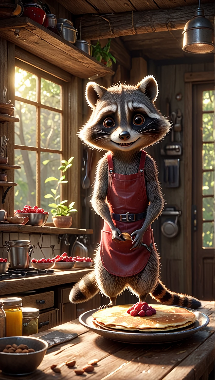 High resolution, masterpiece, Highest quality, Super detailed, Super detailed, Ultra-realistic, Pixar Rendering, unreal engine Cinematic smooth, Exquisite detail, Cinematic,A friendly raccoon chef in a toque and apron, happily flipping pancakes in a cozy forest restaurant kitchen. The kitchen has a rustic feel, with small jars of berries and nuts on the counter, and warm golden light shining through a window