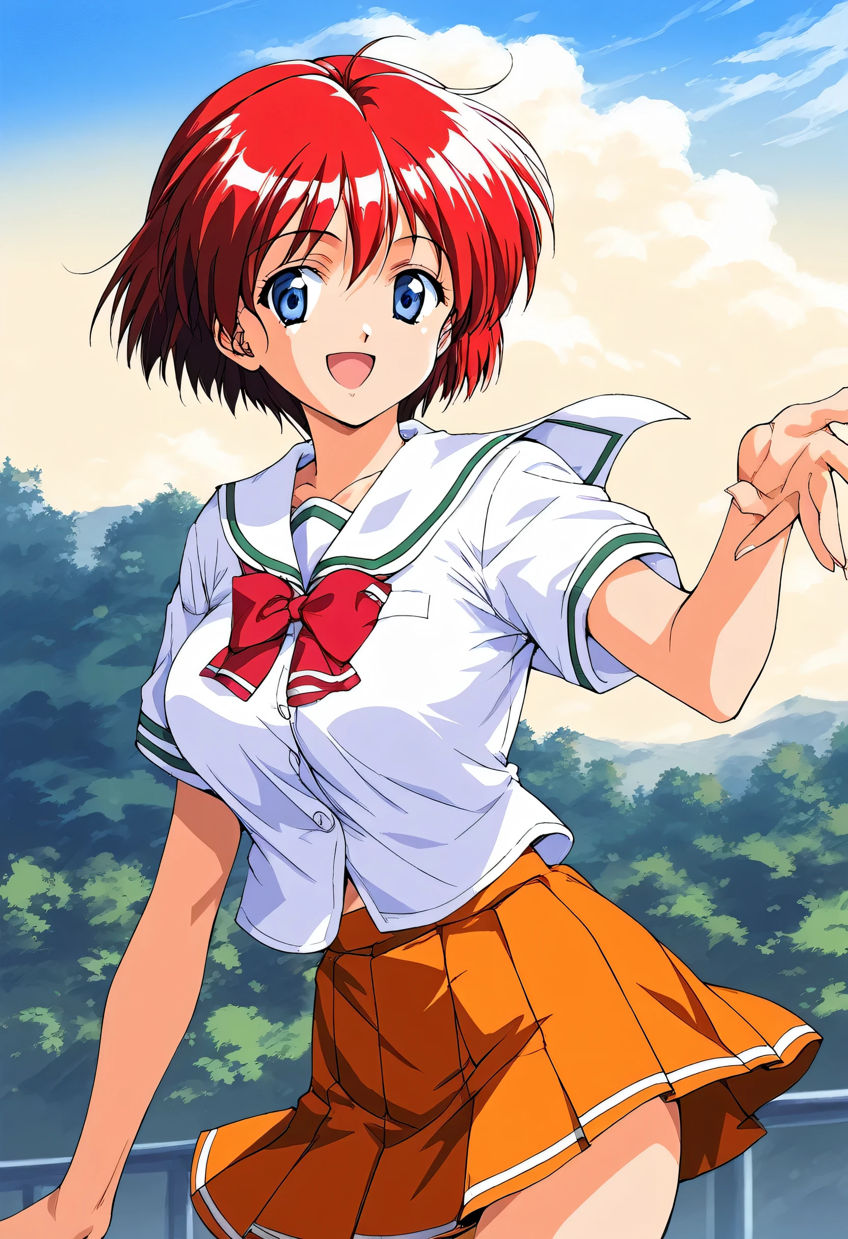 score_9, score_8_up, score_7_up, source_anime, rating_ explicit , BREAK  Hinomoto_hikari, red hair, short hair, blue eyes, breasts, bangs
 solo, 1990s (style),  skirt,  day,white school uniform, (Short sleeve),
outdoors,  orange skirt , smile, bow, open mouth, sky, 
smile,
looking at viewer, 
cowboy_Shot,