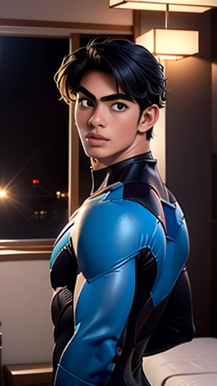 ( best quality), ( best quality), ( best quality), (Overall view) Backstreets, 18 years old beautiful Japanese young man with a cool and handsome face,  Nightwingsuit, 18 years old,  sexy man, Long Hair,  long bangs ,   plump lips, sensual vibe 