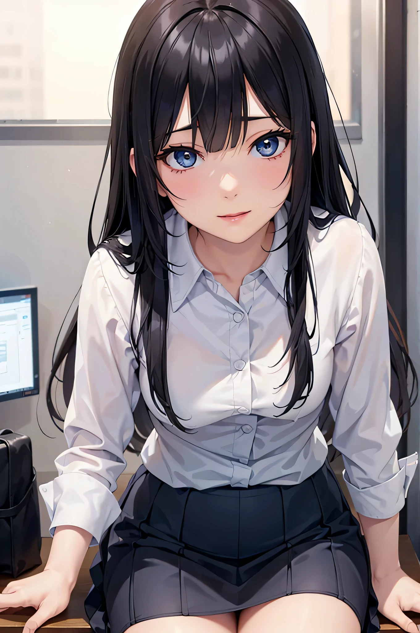  adult woman laughing, Alone,  sexy,8K resolution,(( best quality)), ultra high resolution, ( No Emotion), (Blue slender eyes ),  beautiful symmetrical face , ( black princess cut long hair),Office worker suit,office worker skirt,pumps,Realistic:1.4,Realistic:1.4,(masterpiece:1.2), perfect eyes,Perfect Eyes, anatomically correct human body ,Perfect waist,Perfect thighs, office lady , angle from below